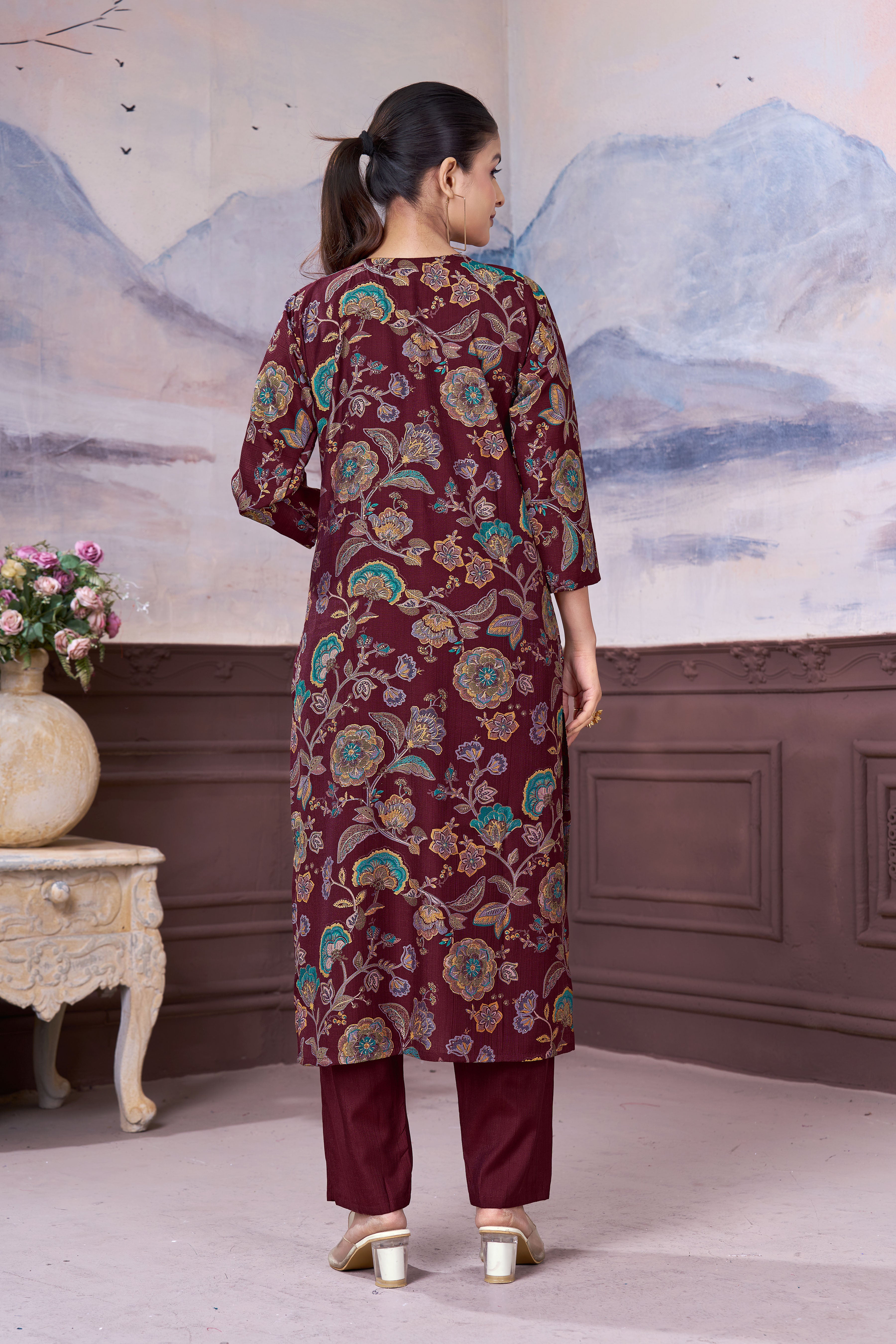Women’s Maroon Floral Printed Vatican Cotton Kurti Pant Set