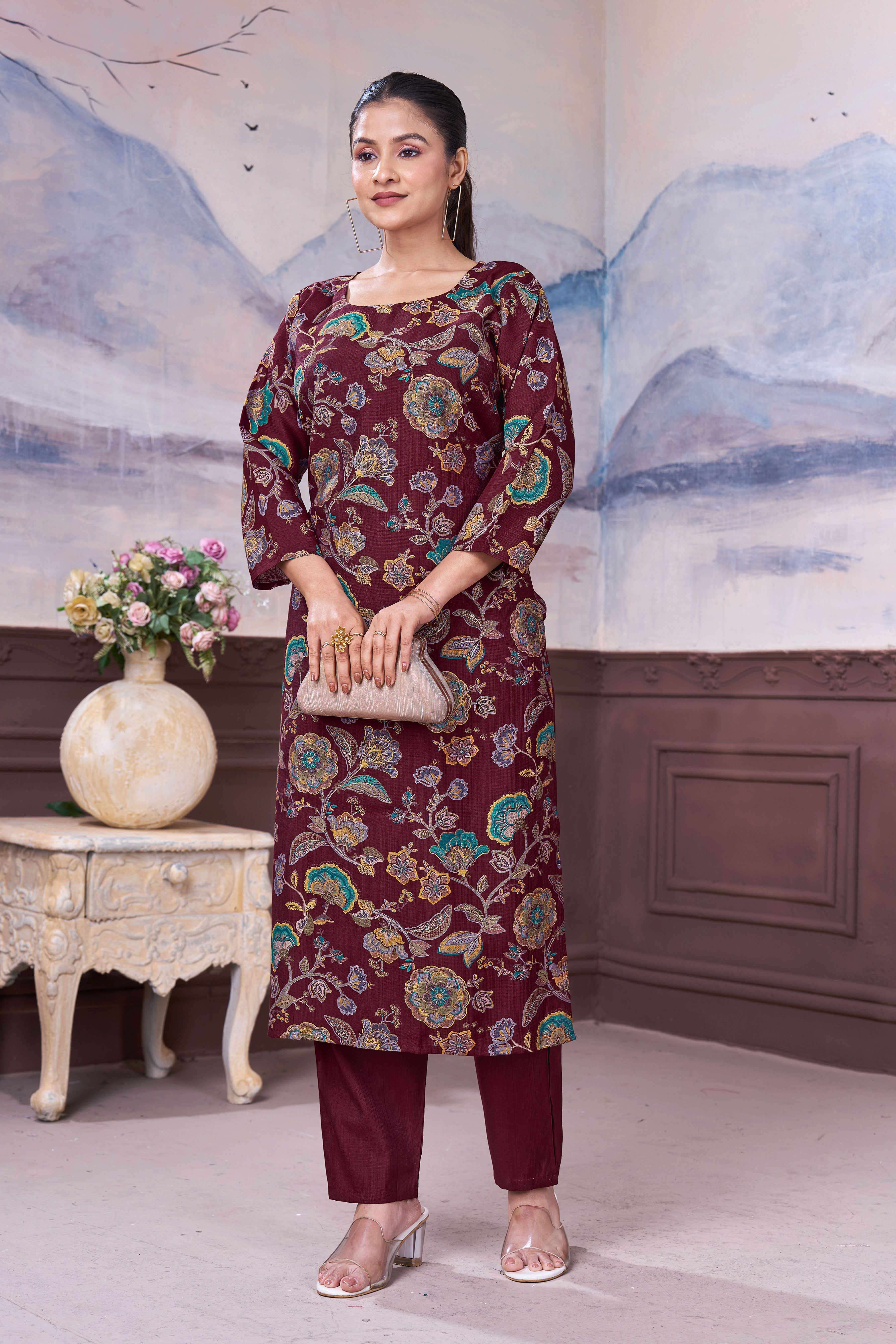 Women’s Maroon Floral Printed Vatican Cotton Kurti Pant Set