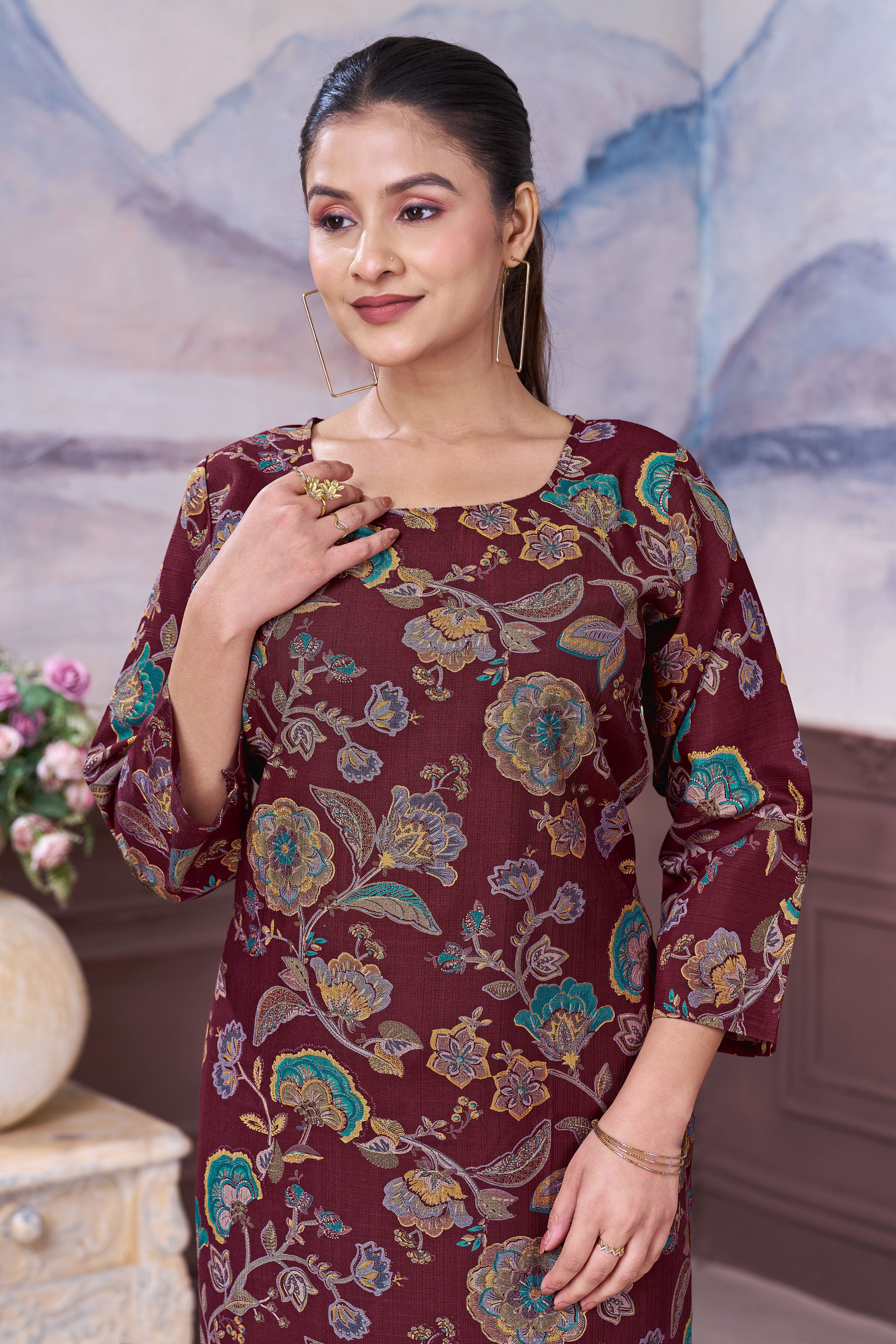Women’s Maroon Floral Printed Vatican Cotton Kurti Pant Set