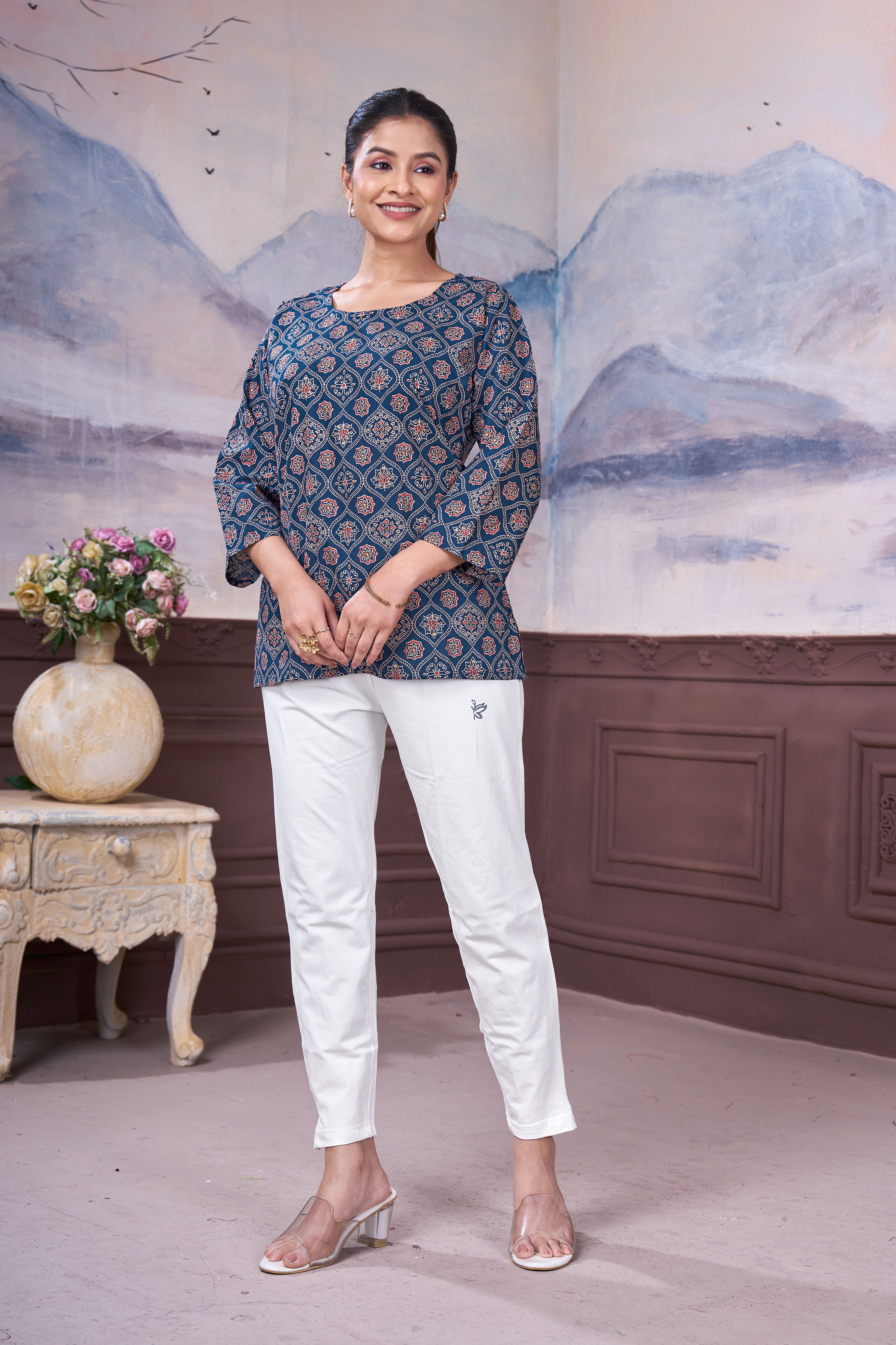 Women’s Blue Printed Pure Cotton Top/Tunic