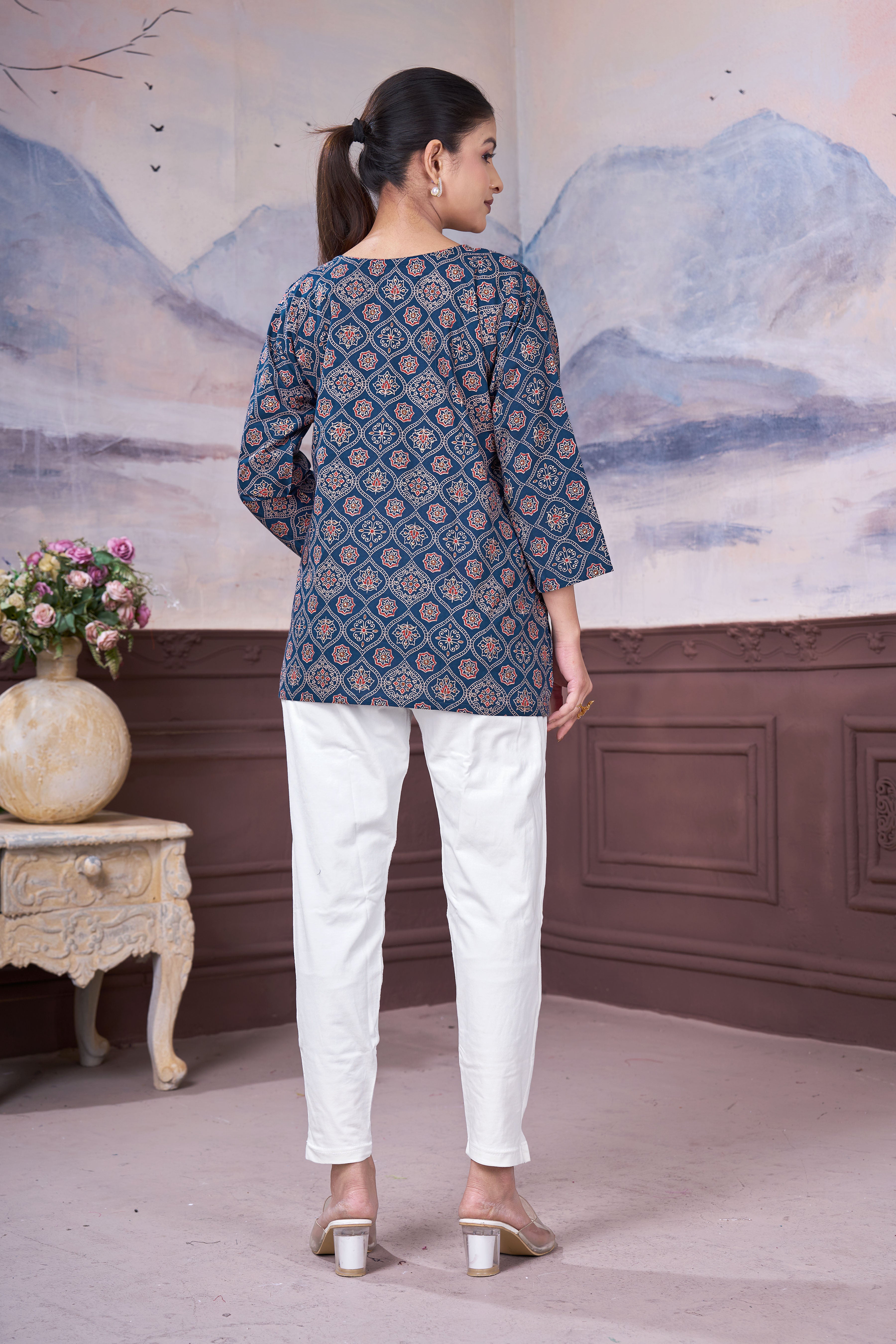Women’s Blue Printed Pure Cotton Top/Tunic