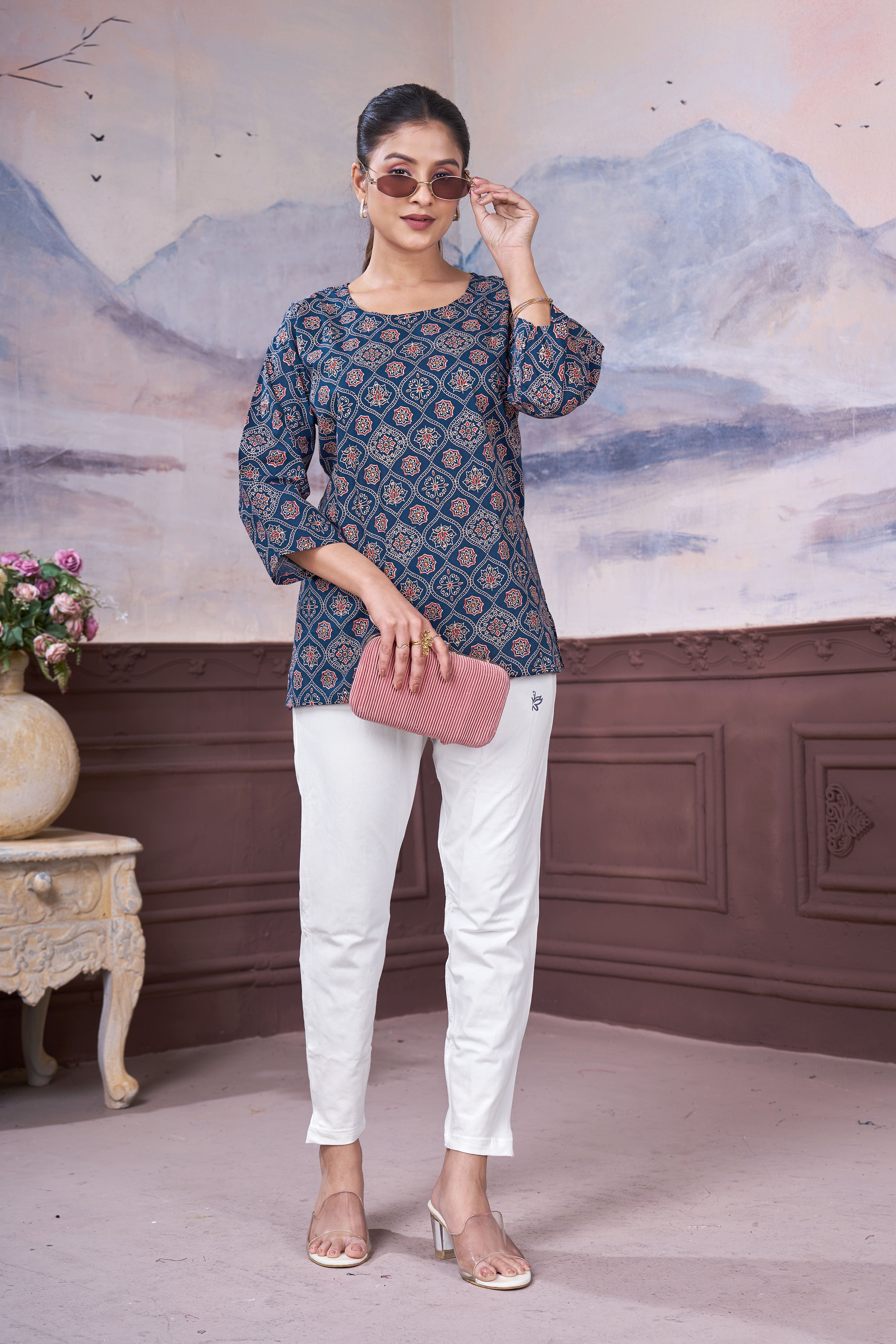 Women’s Blue Printed Pure Cotton Top/Tunic