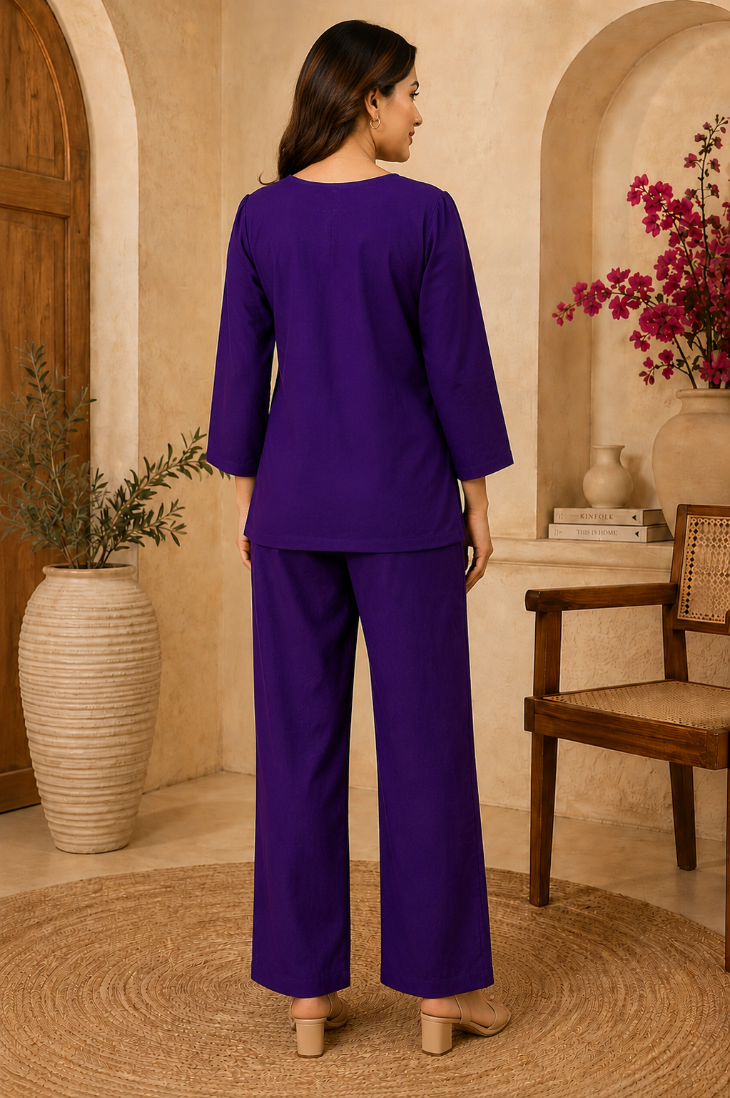 Back view of purple co-ord set with straight-fit pants