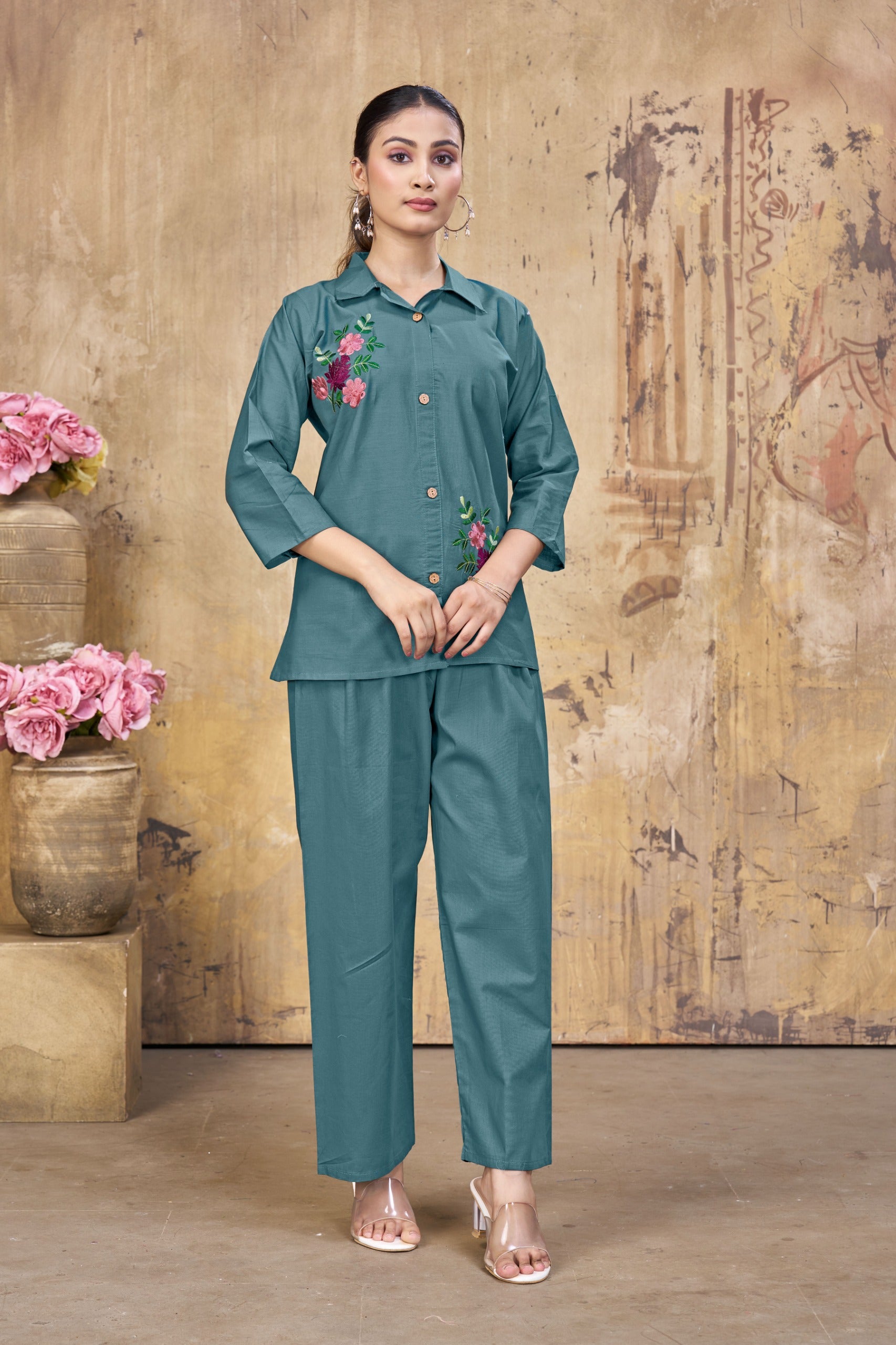 Women’s Teal Embroidered Co-Ord Set with Shirt & Palazzo Pants