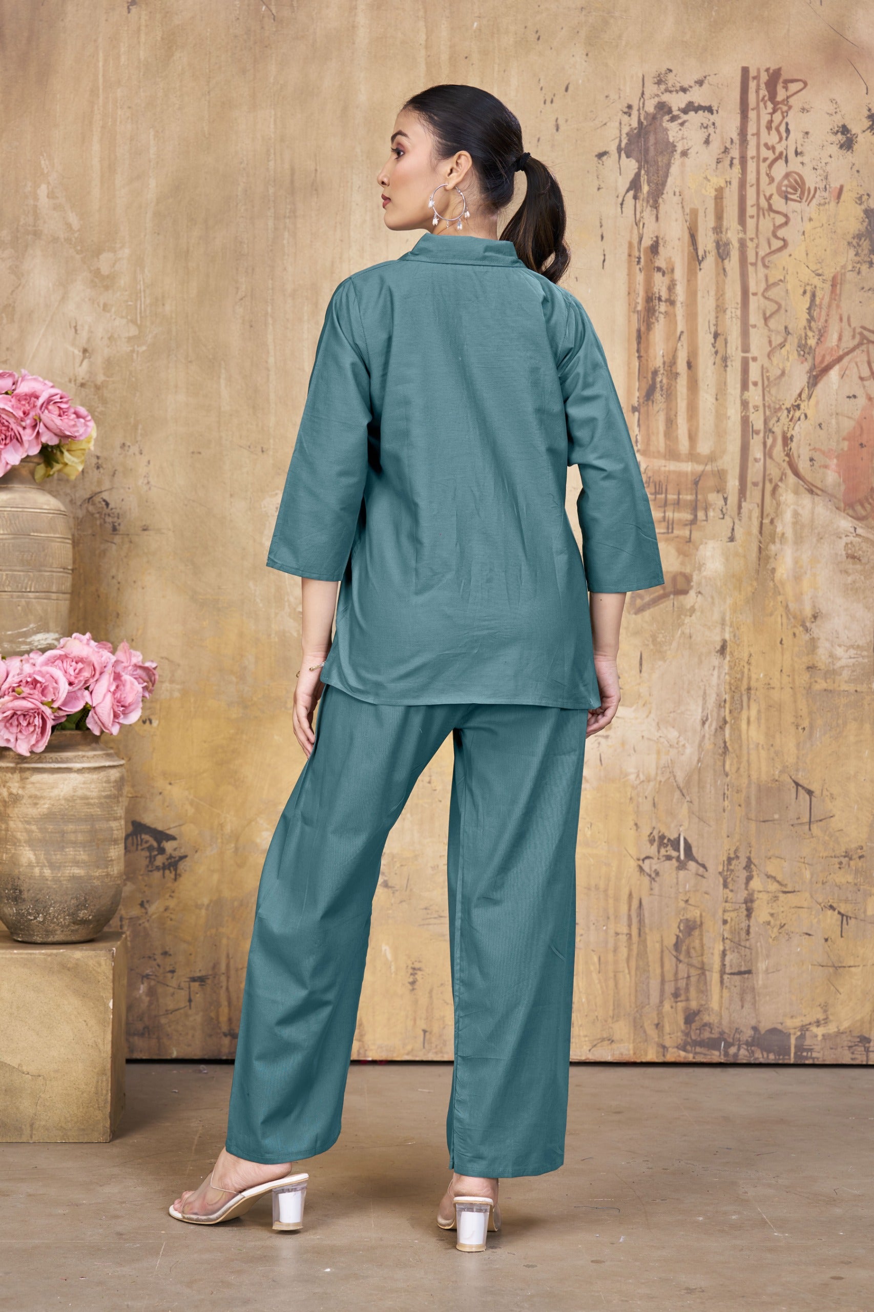 Women’s Teal Embroidered Co-Ord Set with Shirt & Palazzo Pants