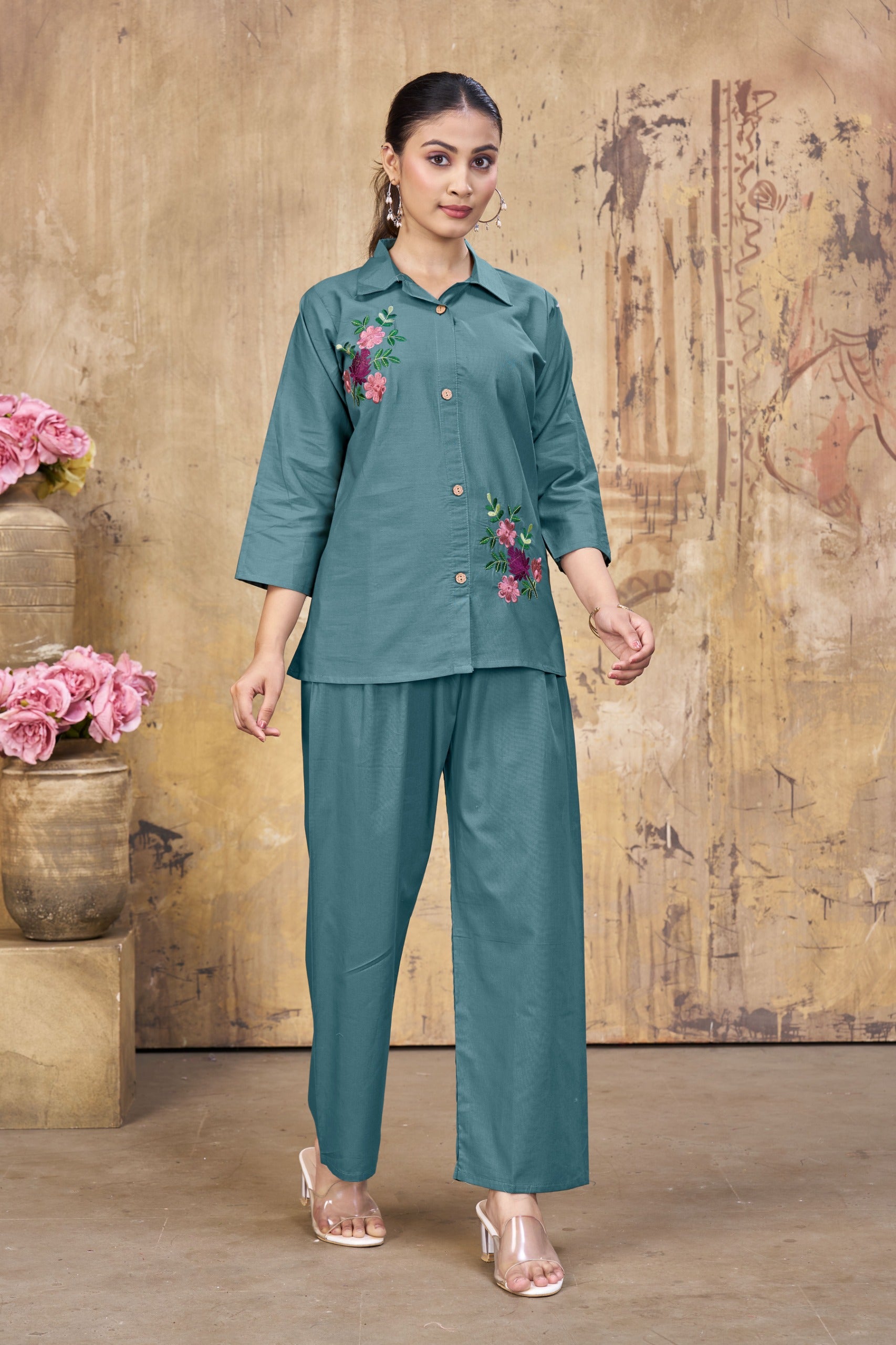 Women’s Teal Embroidered Co-Ord Set with Shirt & Palazzo Pants