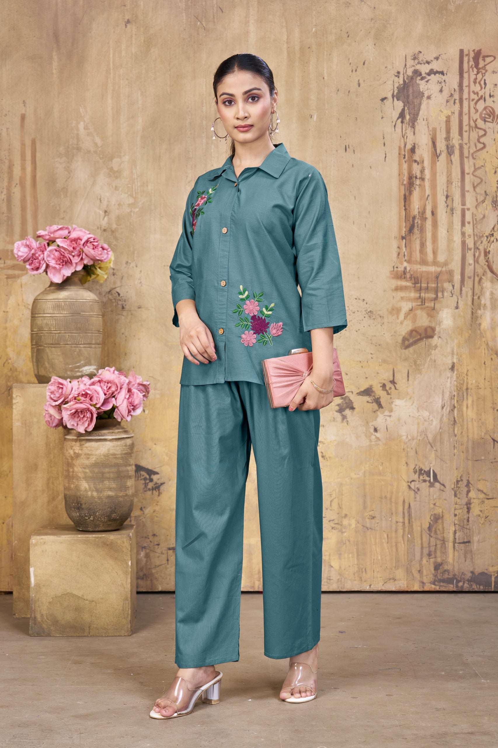 Women’s Teal Embroidered Co-Ord Set with Shirt & Palazzo Pants