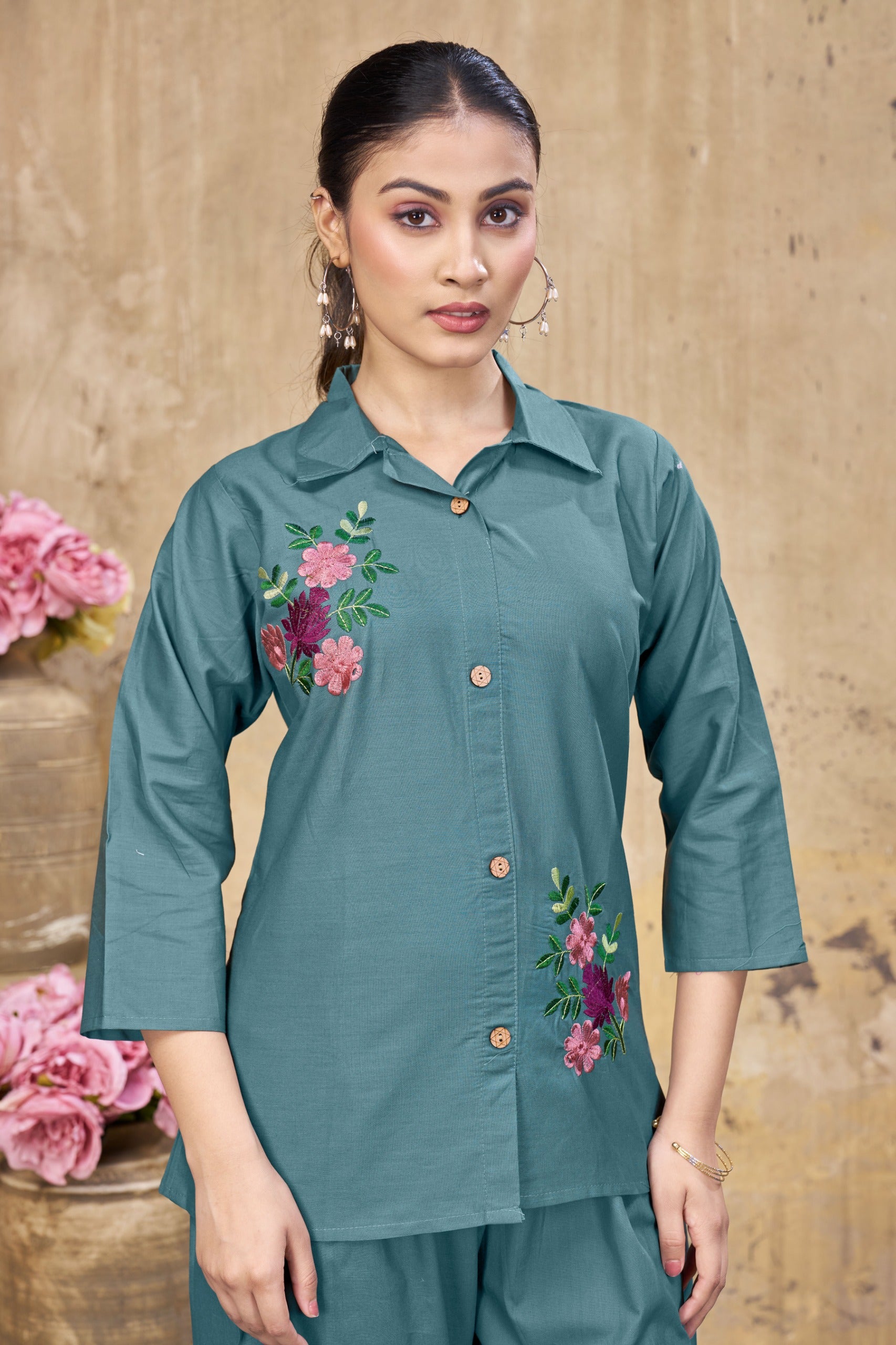 Women’s Teal Embroidered Co-Ord Set with Shirt & Palazzo Pants