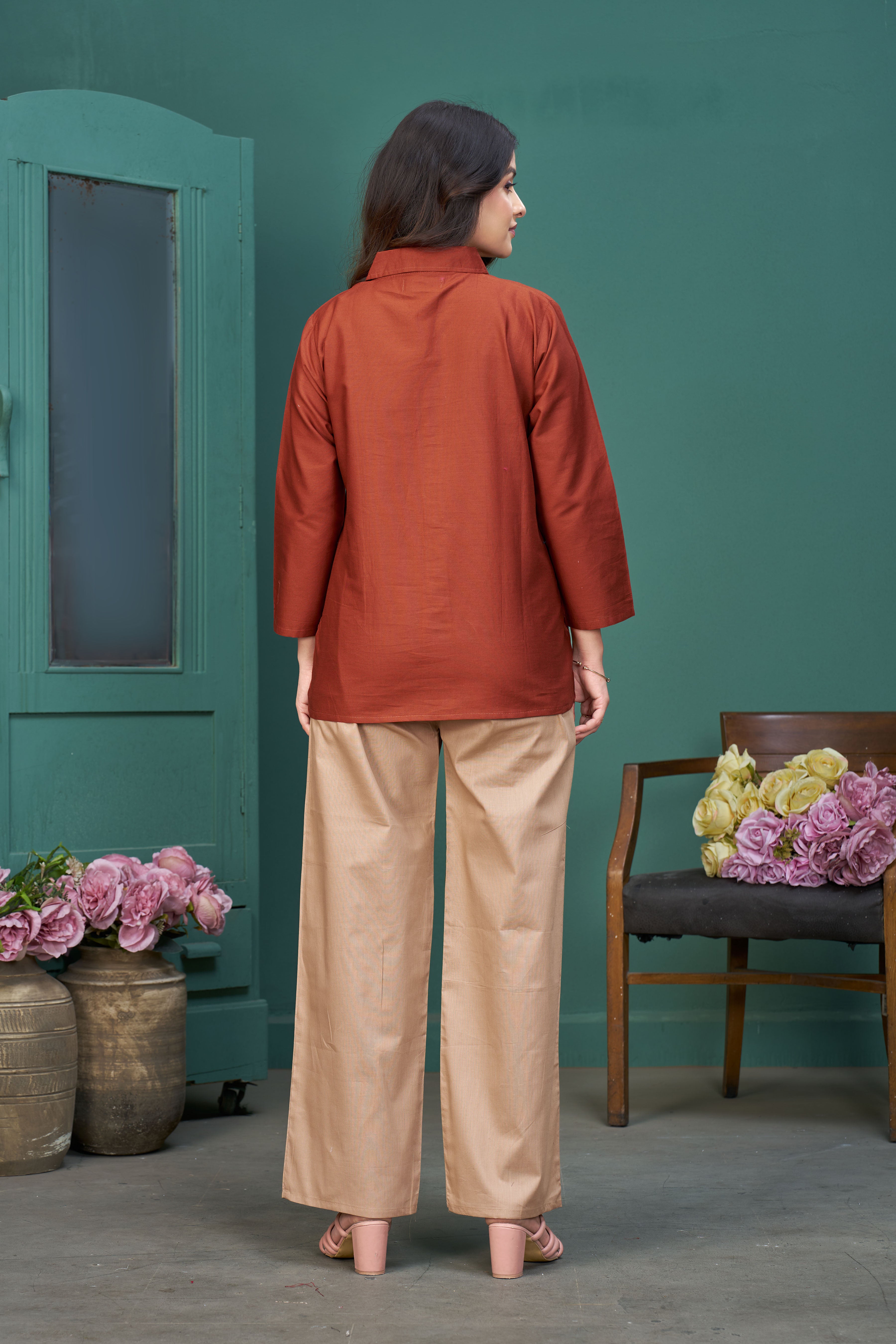 Women’s Rust Embroidered Co-Ord Set with Collared Shirt & Palazzo Pants