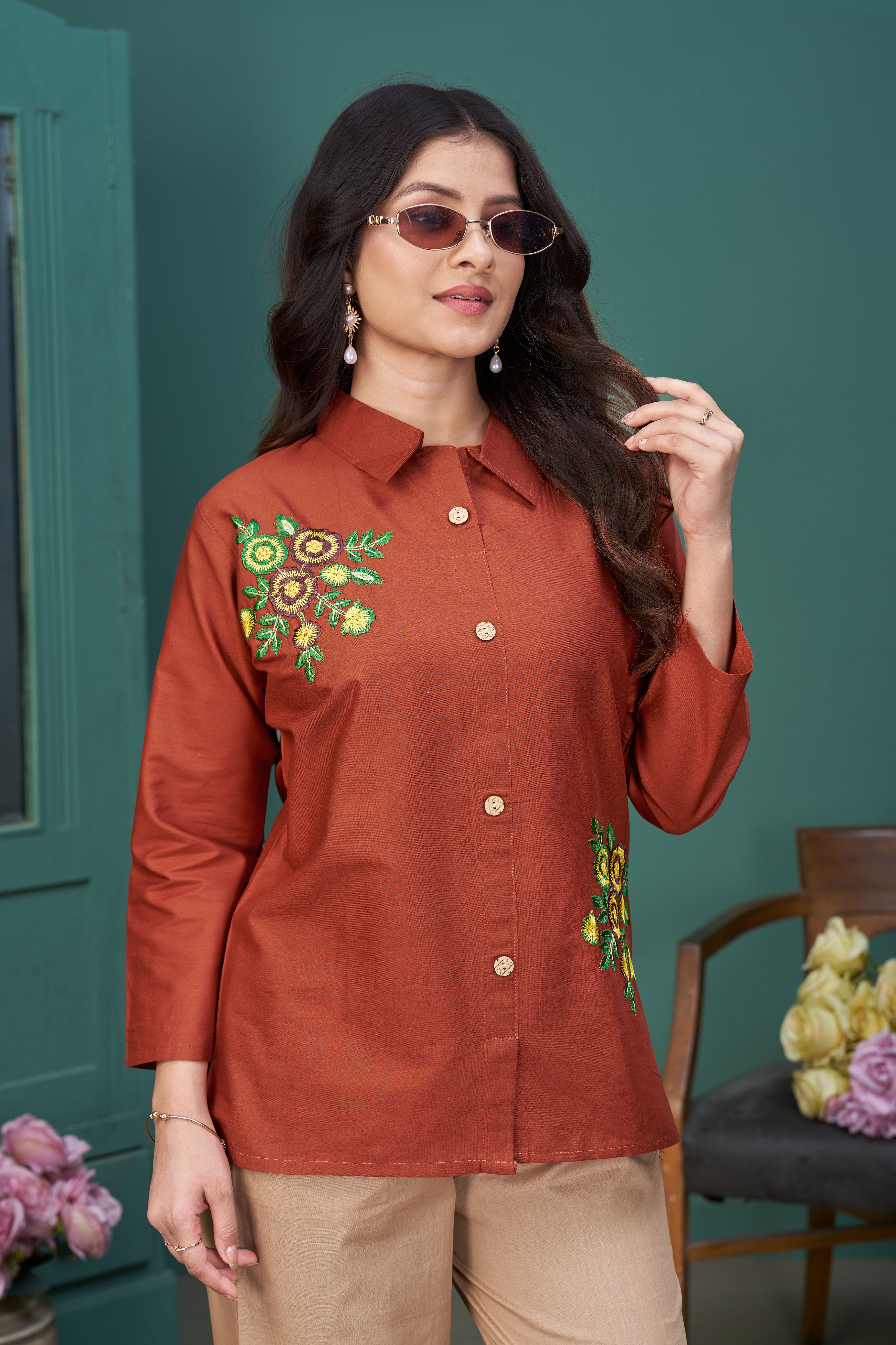 Women’s Rust Embroidered Co-Ord Set with Collared Shirt & Palazzo Pants