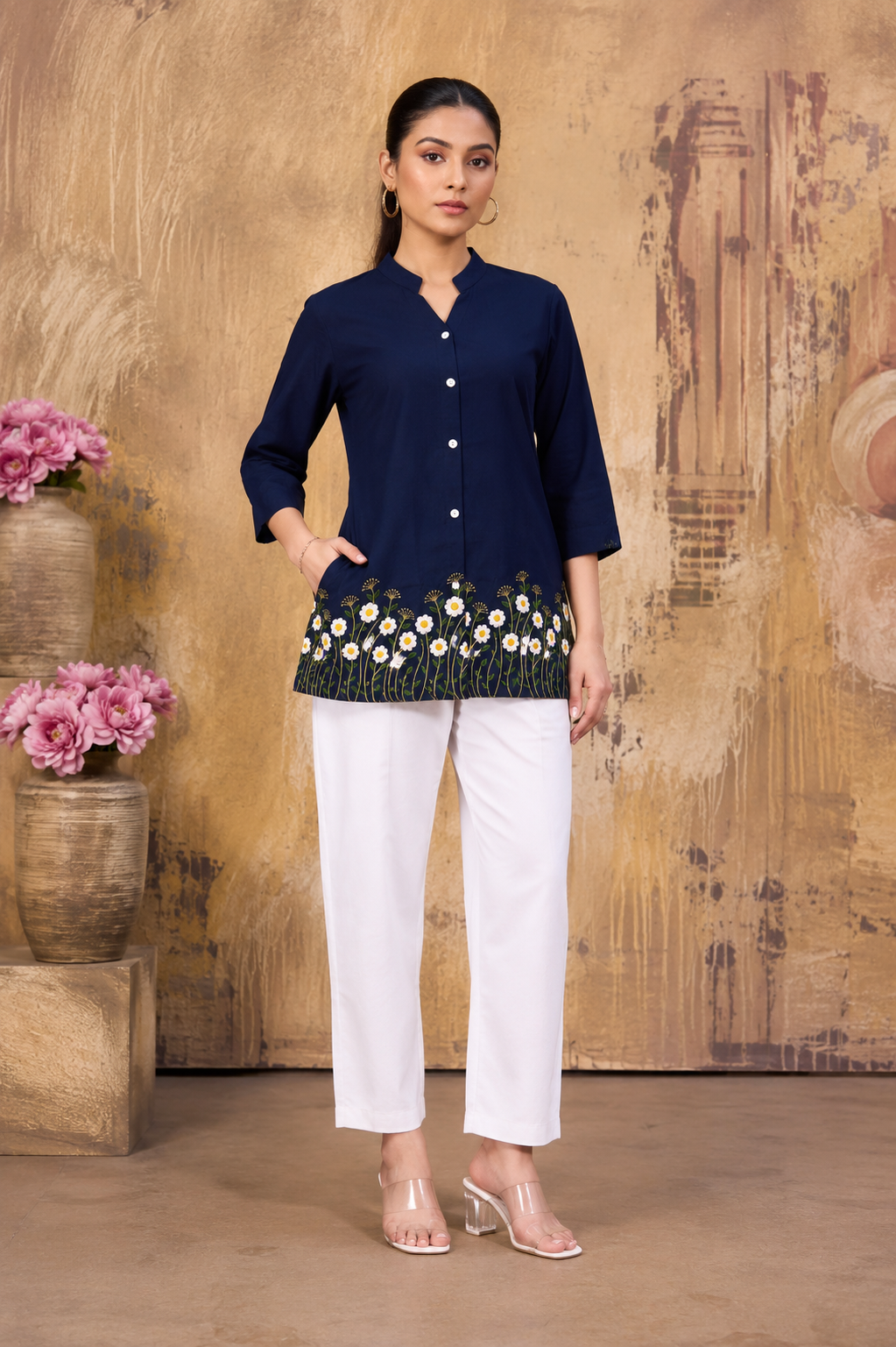 Women’s Navy Blue Floral Embroidered Top