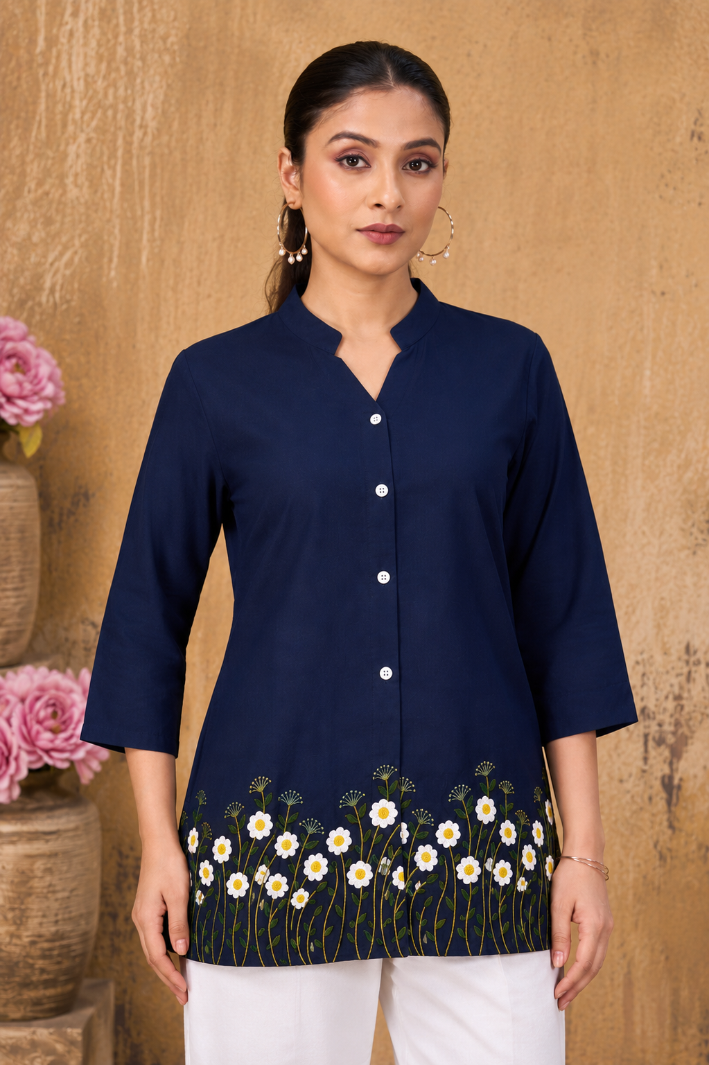 Women’s Navy Blue Floral Embroidered Top