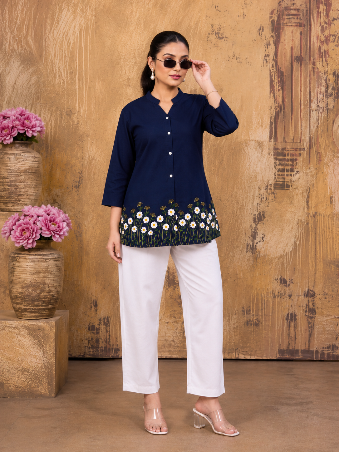Women’s Navy Blue Floral Embroidered Top