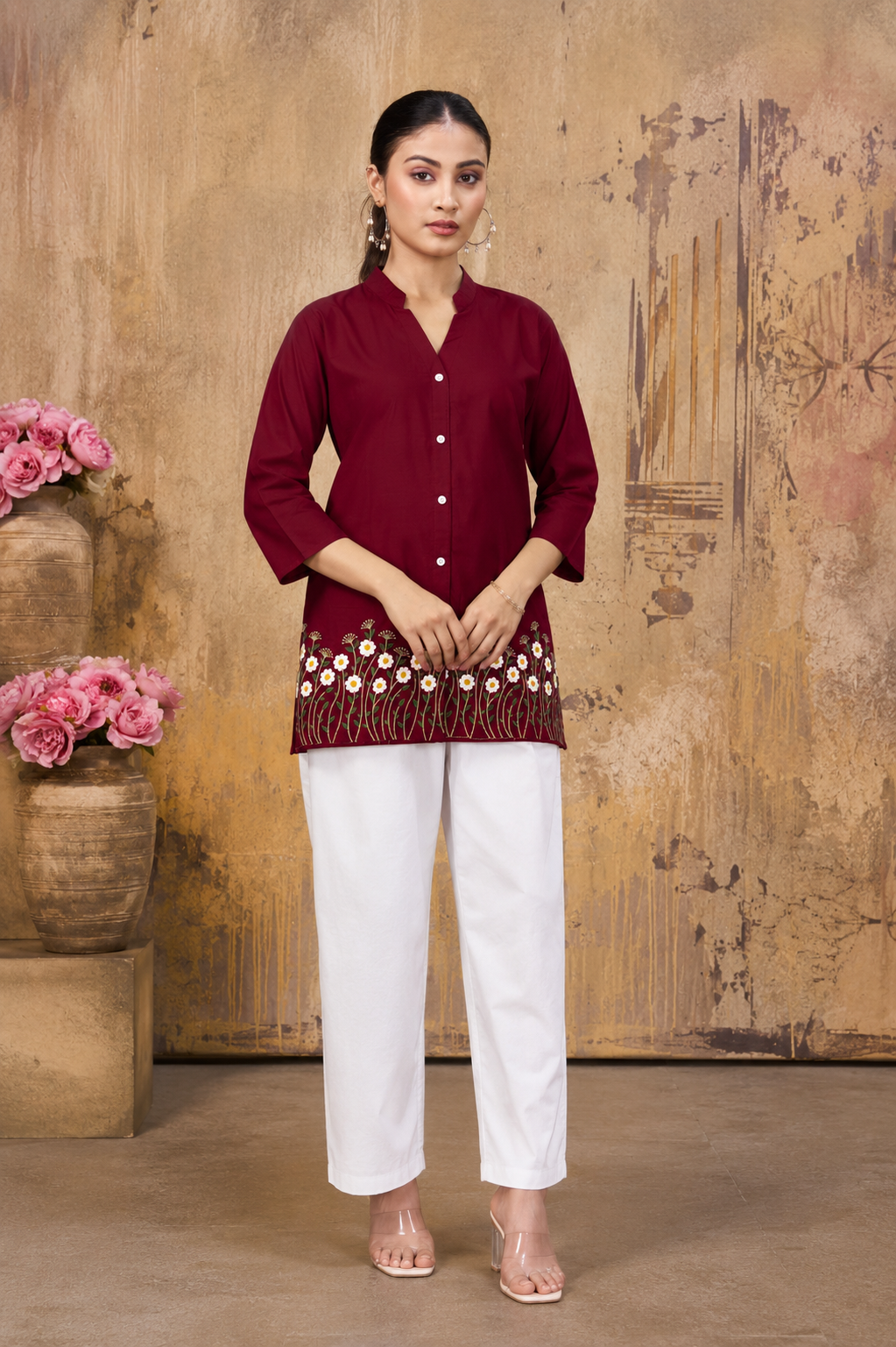 Maroon Floral Embroidered Cotton Top for Women