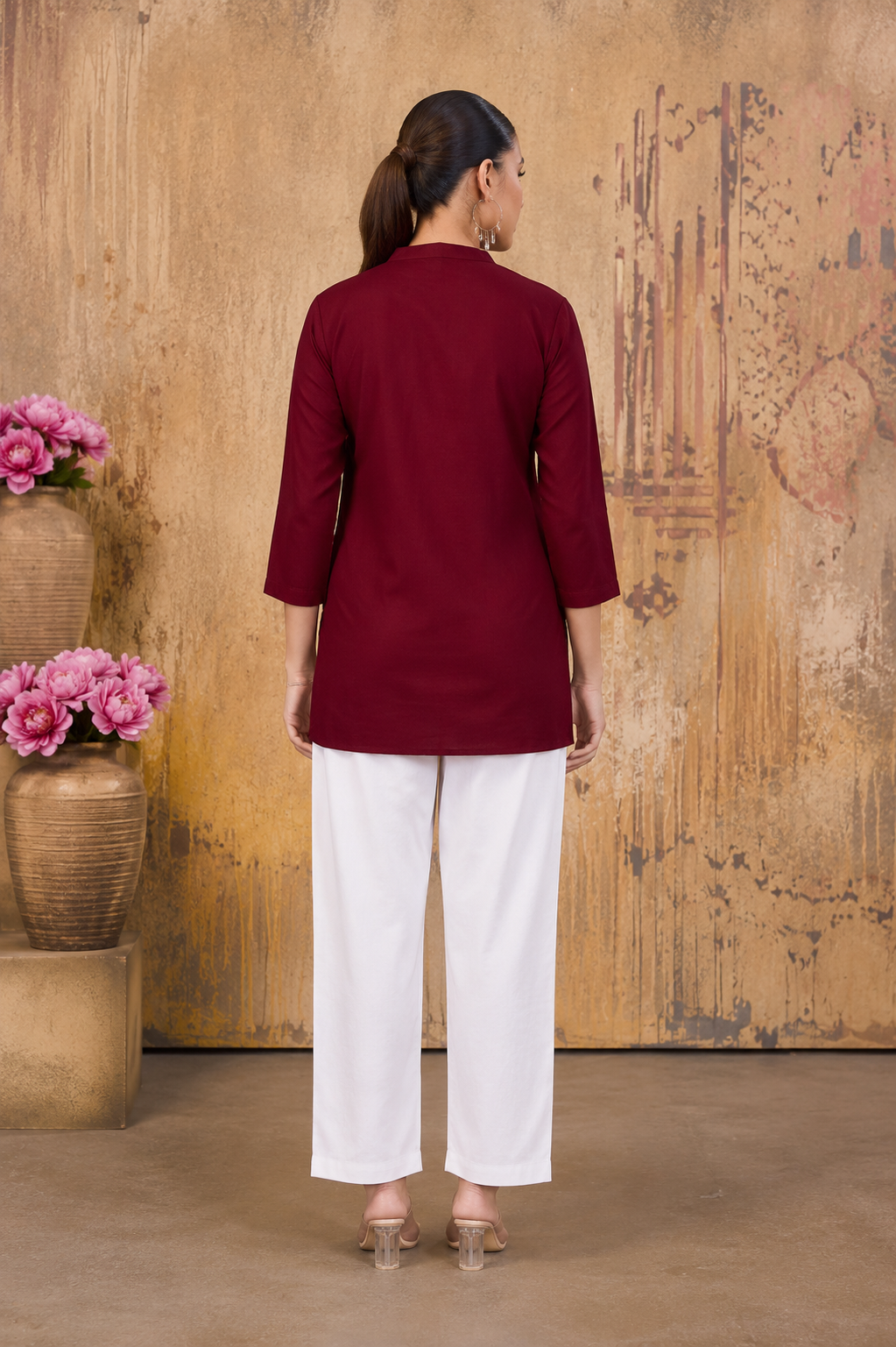 Maroon Floral Embroidered Cotton Top for Women
