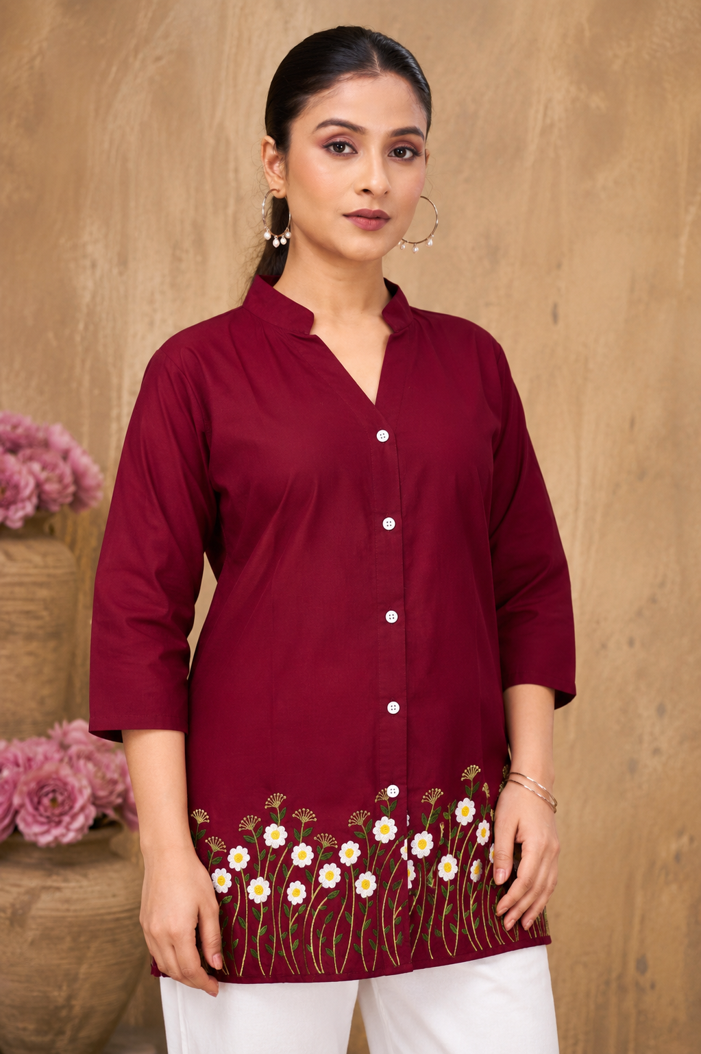 Maroon Floral Embroidered Cotton Top for Women