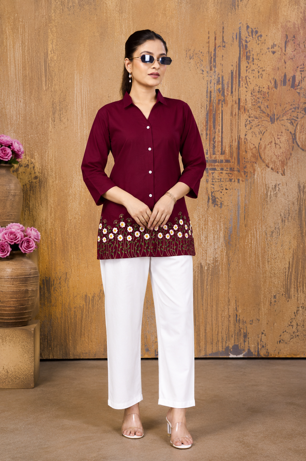 Maroon Floral Embroidered Cotton Top for Women