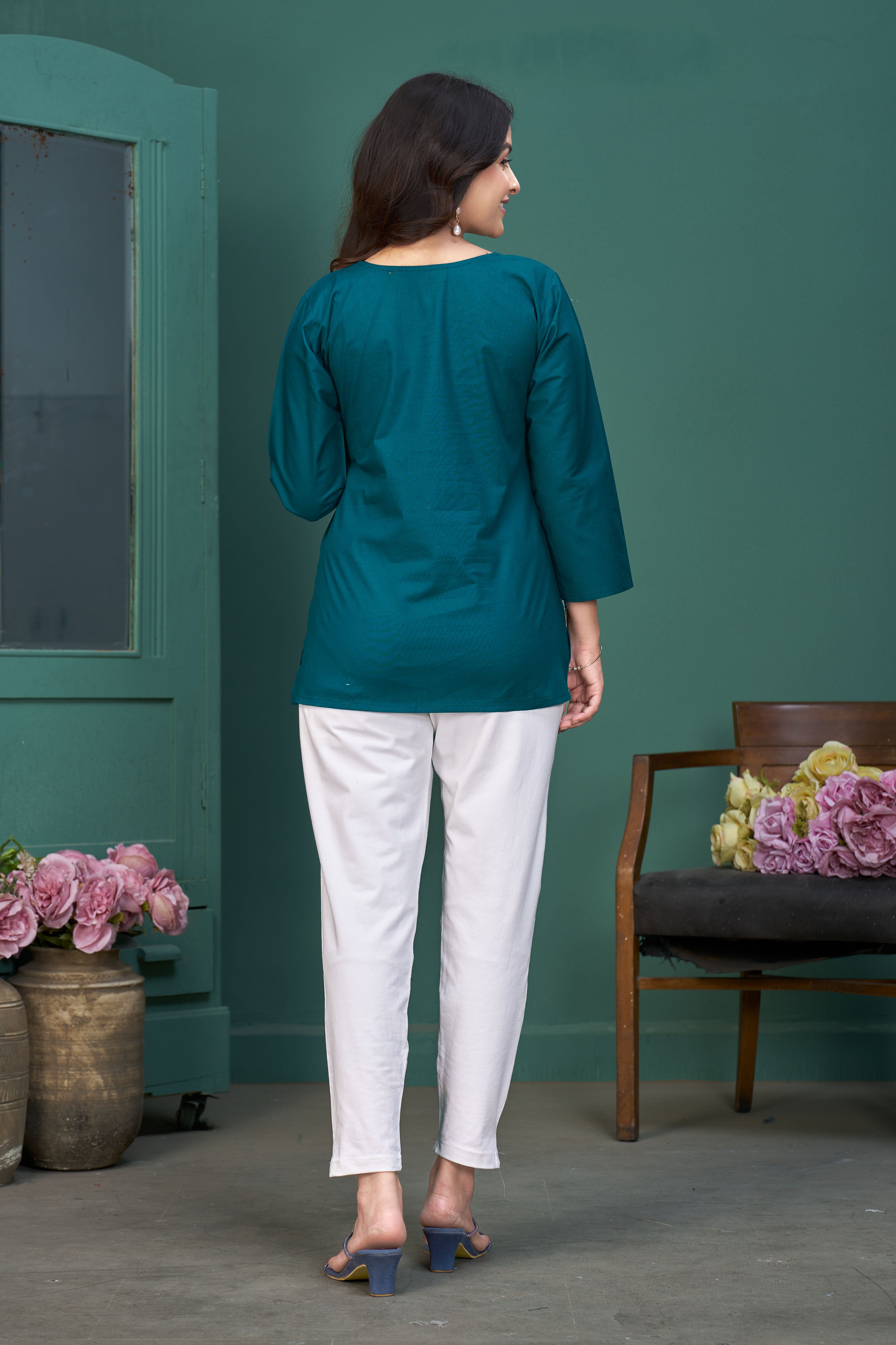 Women’s Teal Embroidered Cotton Top