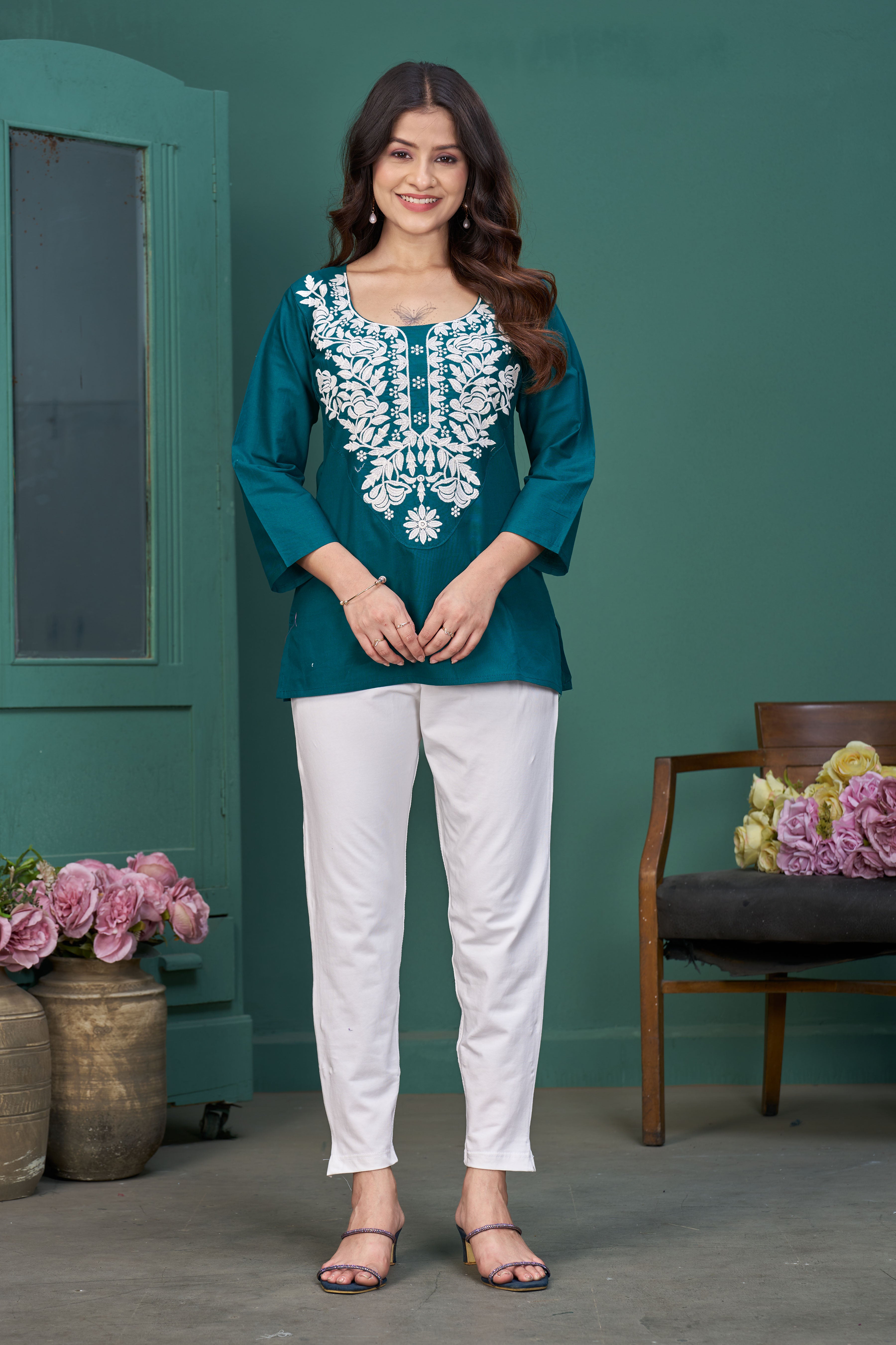 Women’s Teal Embroidered Cotton Top