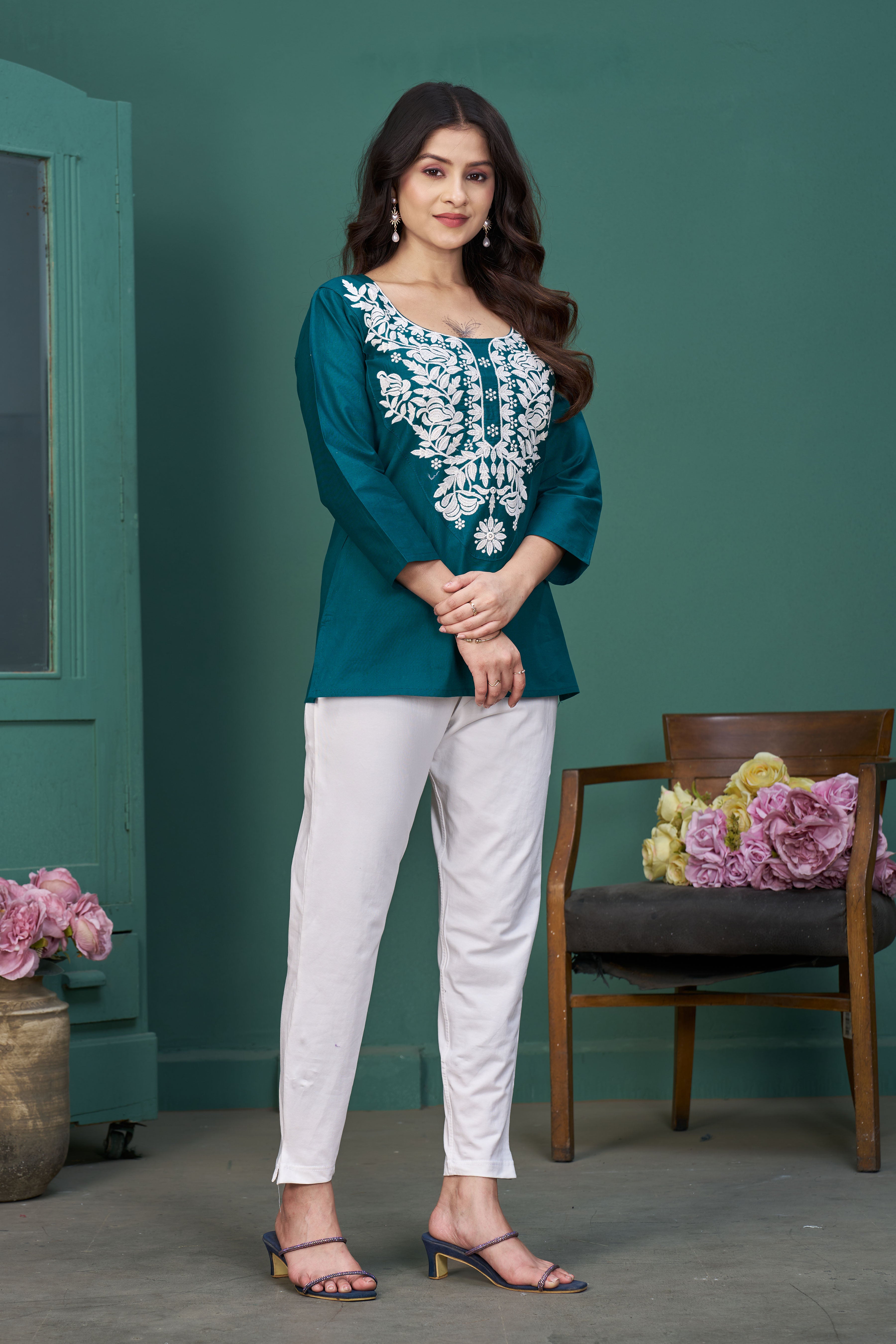 Women’s Teal Embroidered Cotton Top