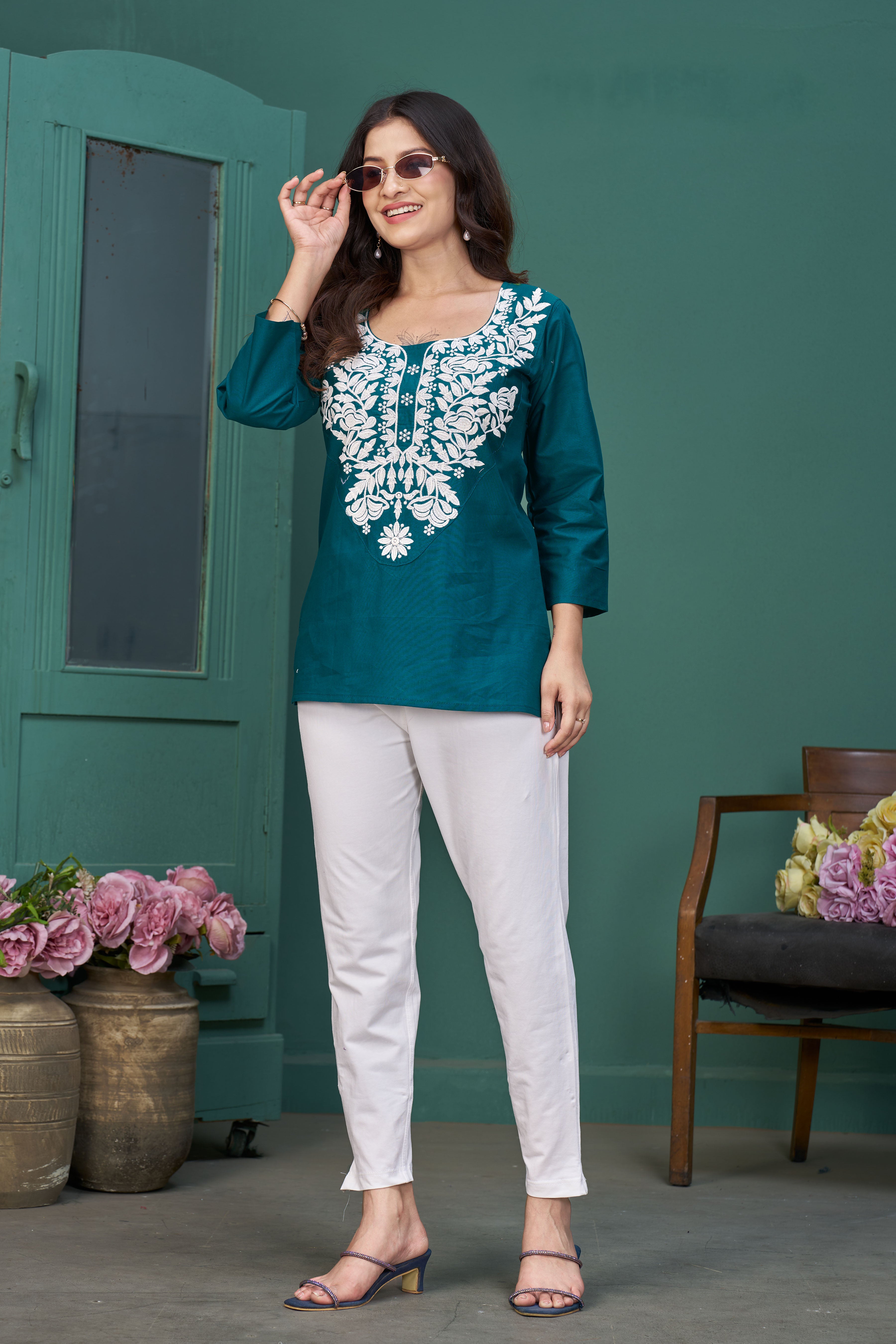 Women’s Teal Embroidered Cotton Top