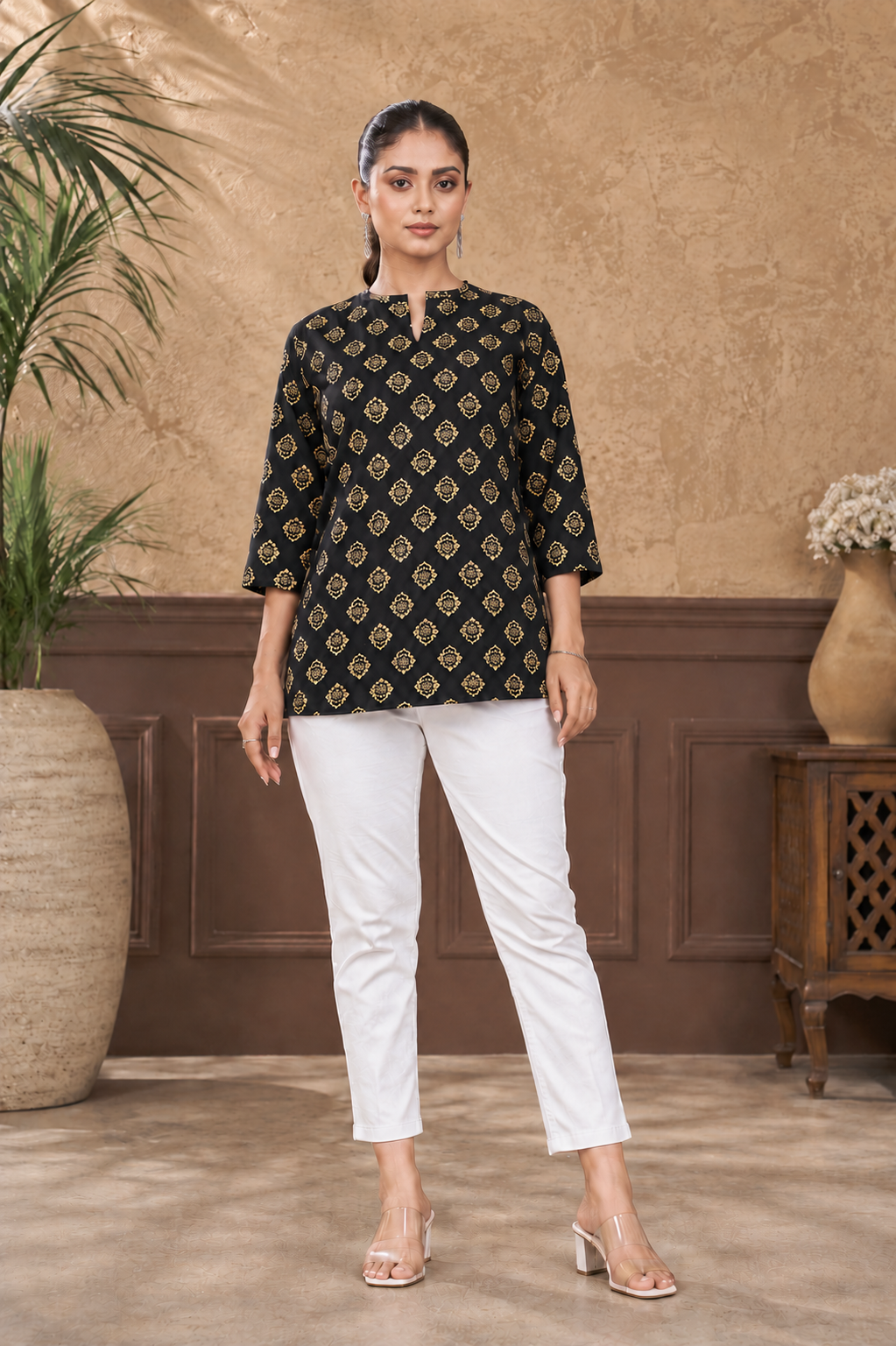 Women’s Black Ethnic Printed Rayon Top