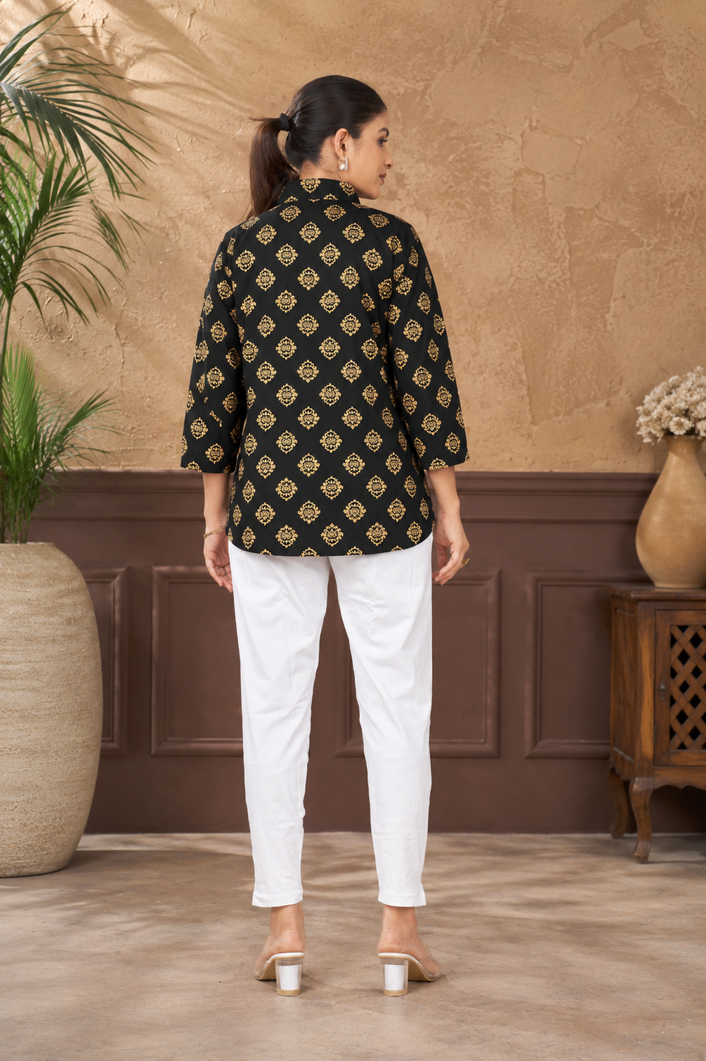 Women’s Black Ethnic Printed Rayon Top