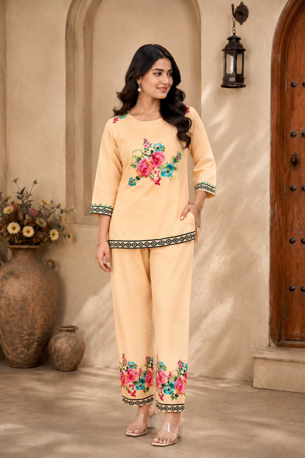 Women’s Peach Floral Printed Rayon Co-Ord Set