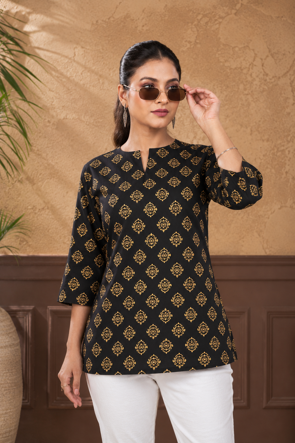 Women’s Black Ethnic Printed Rayon Top