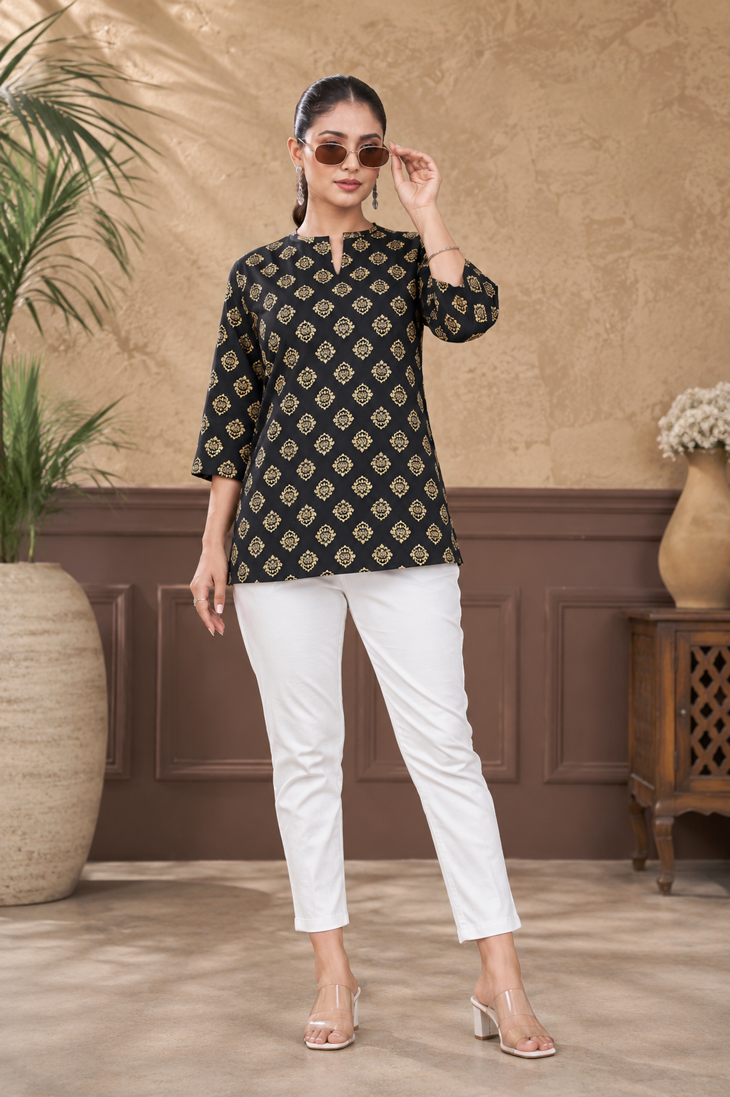 Women’s Black Ethnic Printed Rayon Top