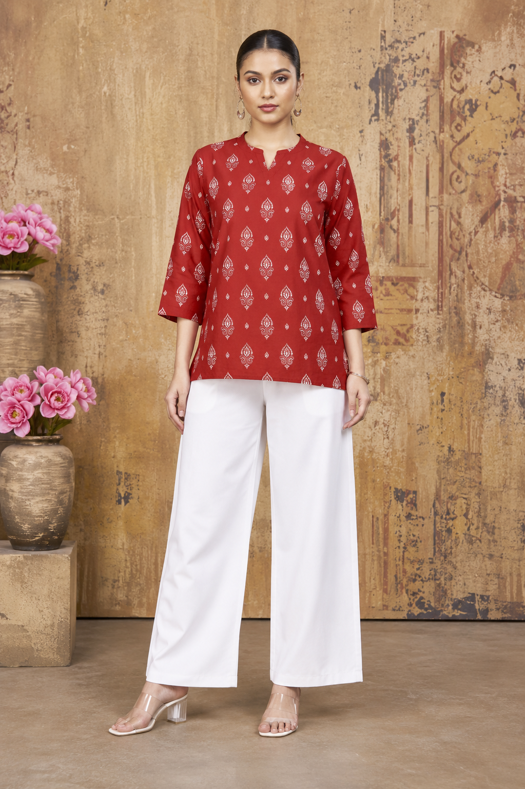 Red Ethnic Printed Cotton Top for Women