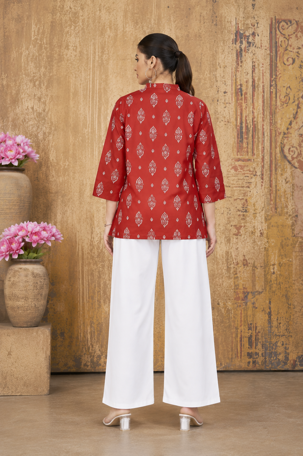Red Ethnic Printed Cotton Top for Women