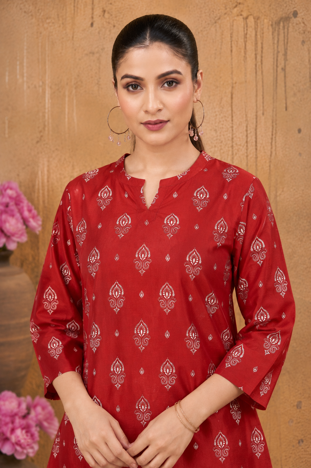Red Ethnic Printed Cotton Top for Women