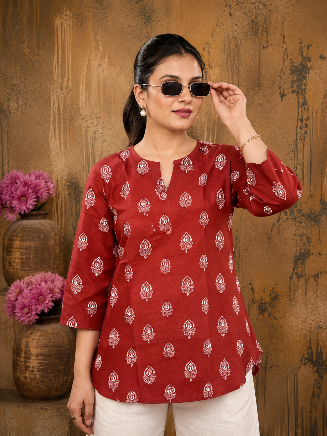 Red Ethnic Printed Cotton Top for Women