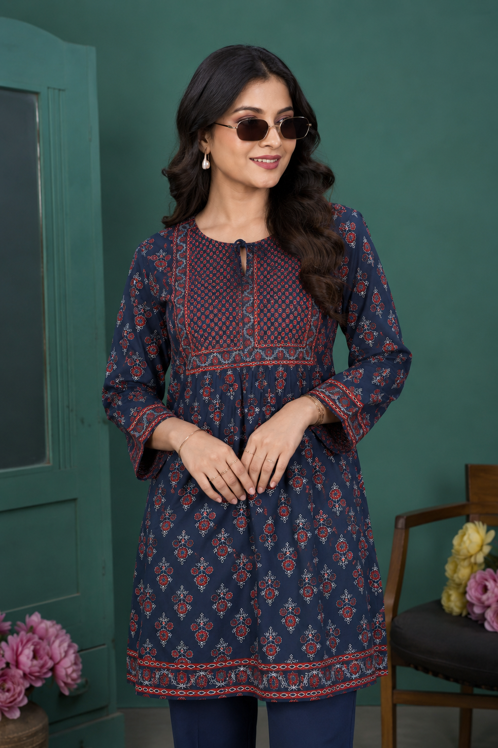Women’s Navy Blue Printed Rayon One Piece Dress