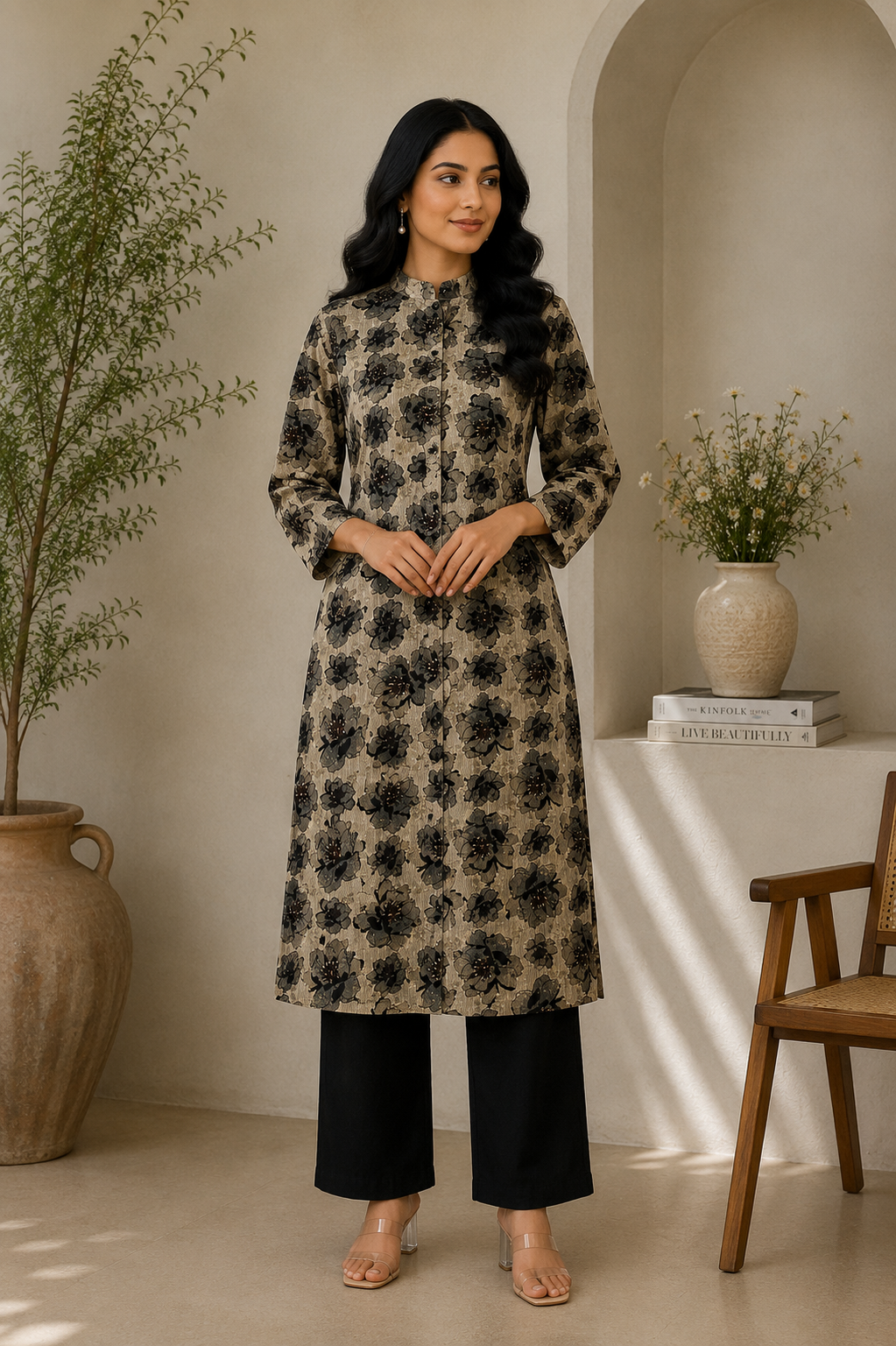 Beige & Black Floral Printed Vatican Kurta Pant Set for Women