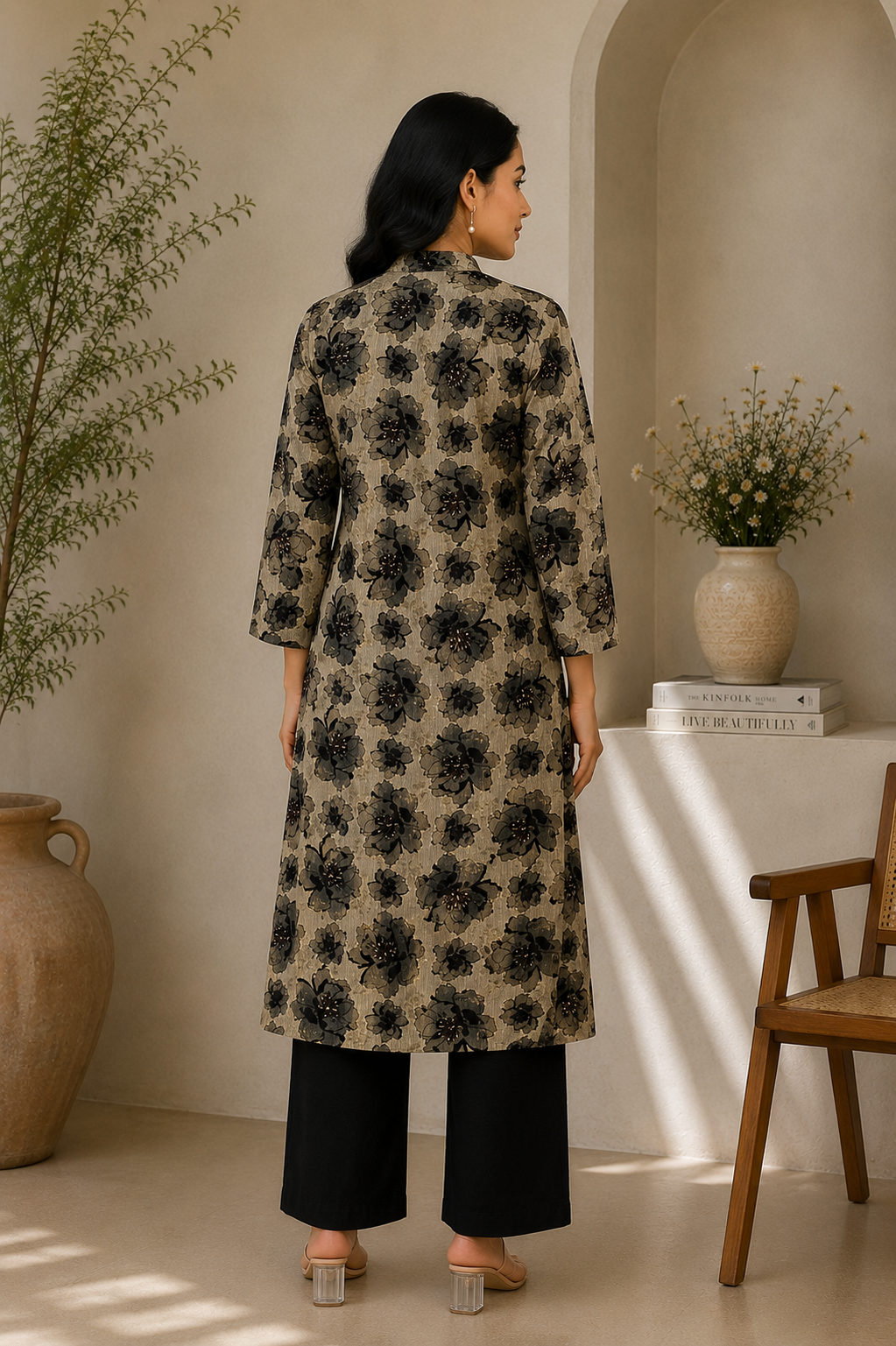 Beige & Black Floral Printed Vatican Kurta Pant Set for Women