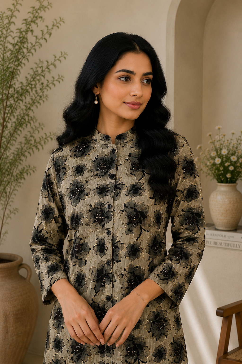 Beige & Black Floral Printed Vatican Kurta Pant Set for Women