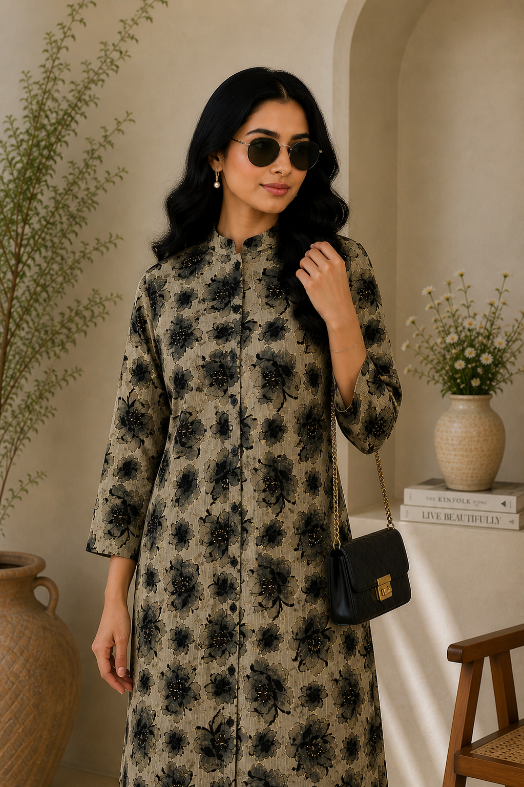 Beige & Black Floral Printed Vatican Kurta Pant Set for Women