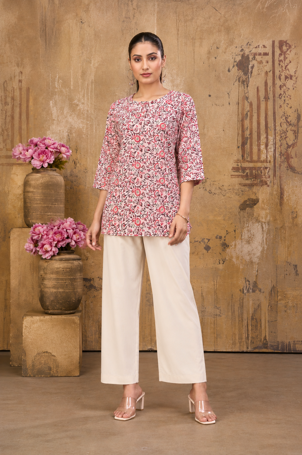 Women’s Pink Floral Printed Pure Cotton Top/Tunic