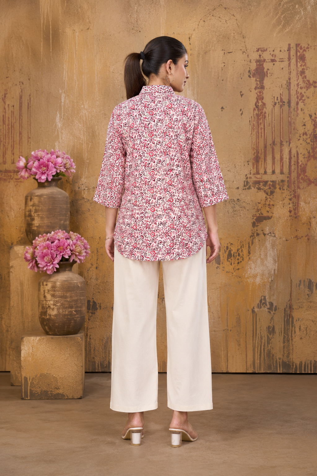 Women’s Pink Floral Printed Pure Cotton Top/Tunic