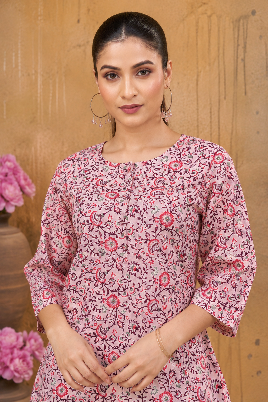 Women’s Pink Floral Printed Pure Cotton Top/Tunic