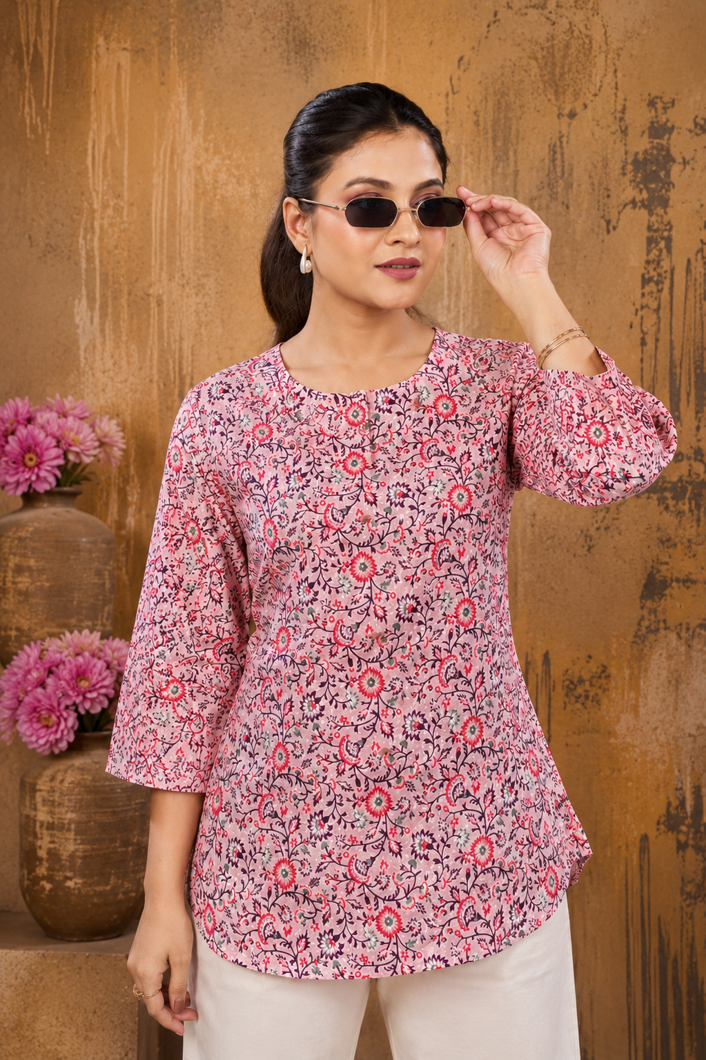 Women’s Pink Floral Printed Pure Cotton Top/Tunic