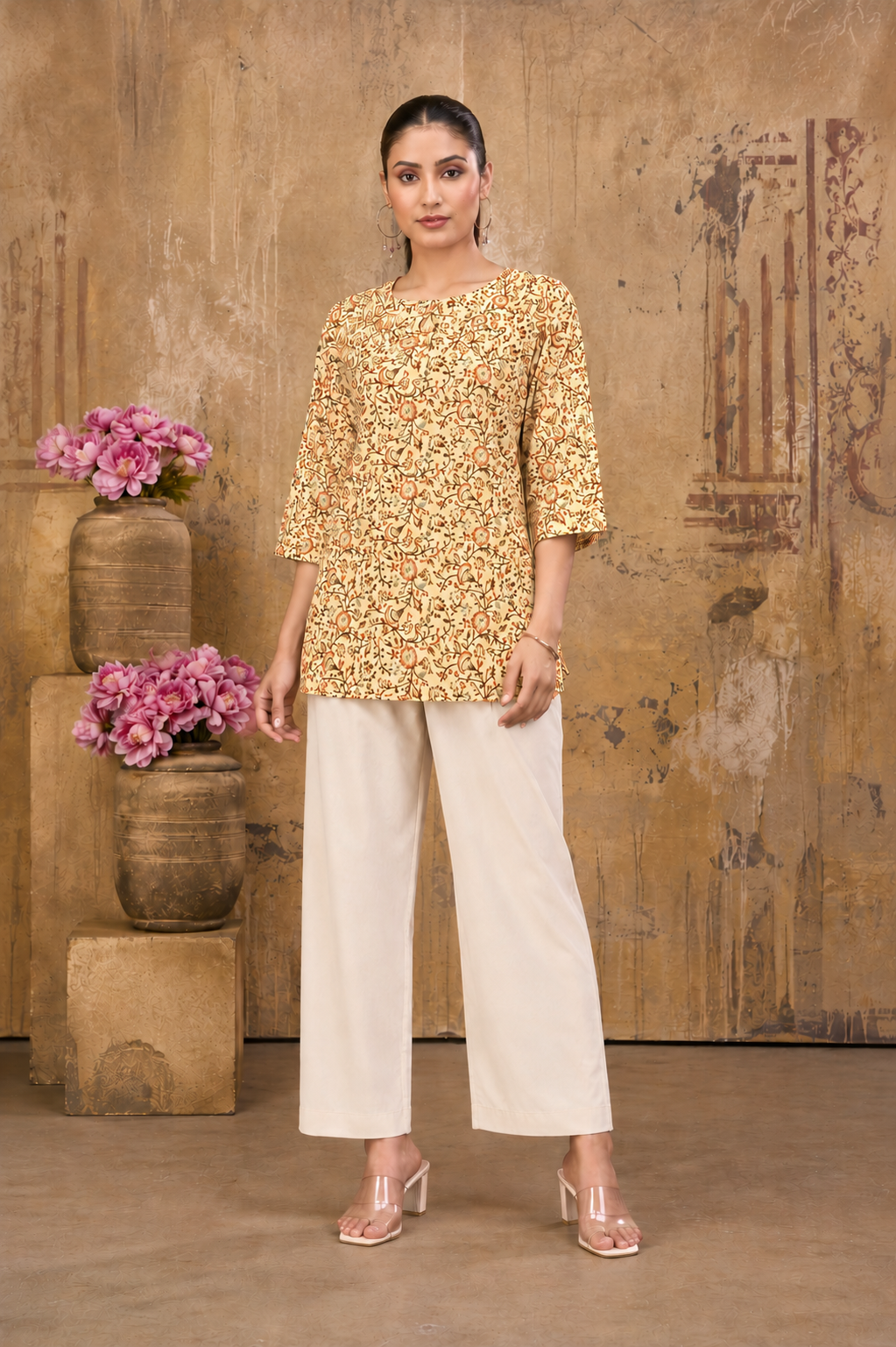 Women’s Yellow Floral Printed Pure Cotton Top/Tunic