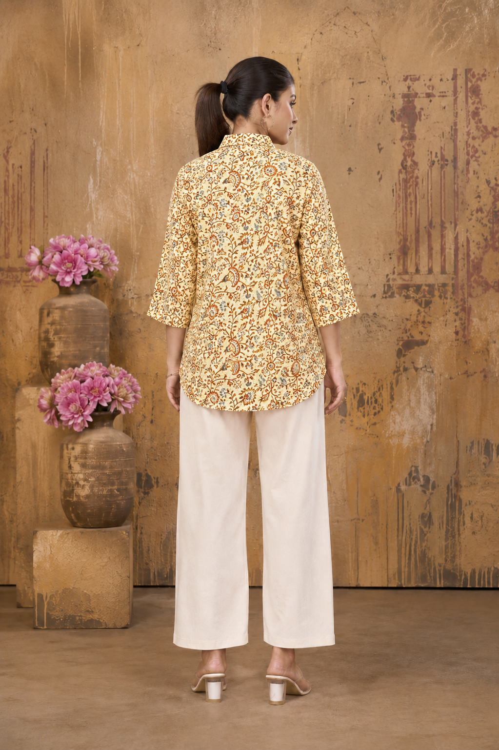 Women’s Yellow Floral Printed Pure Cotton Top/Tunic