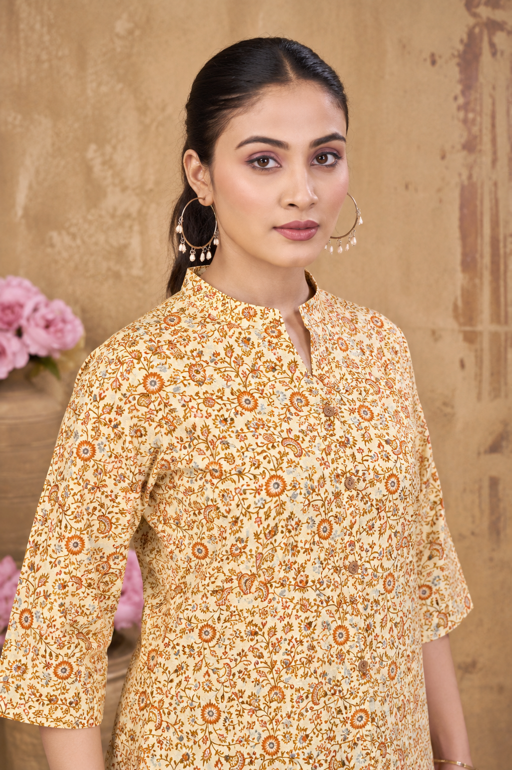 Women’s Yellow Floral Printed Pure Cotton Top/Tunic