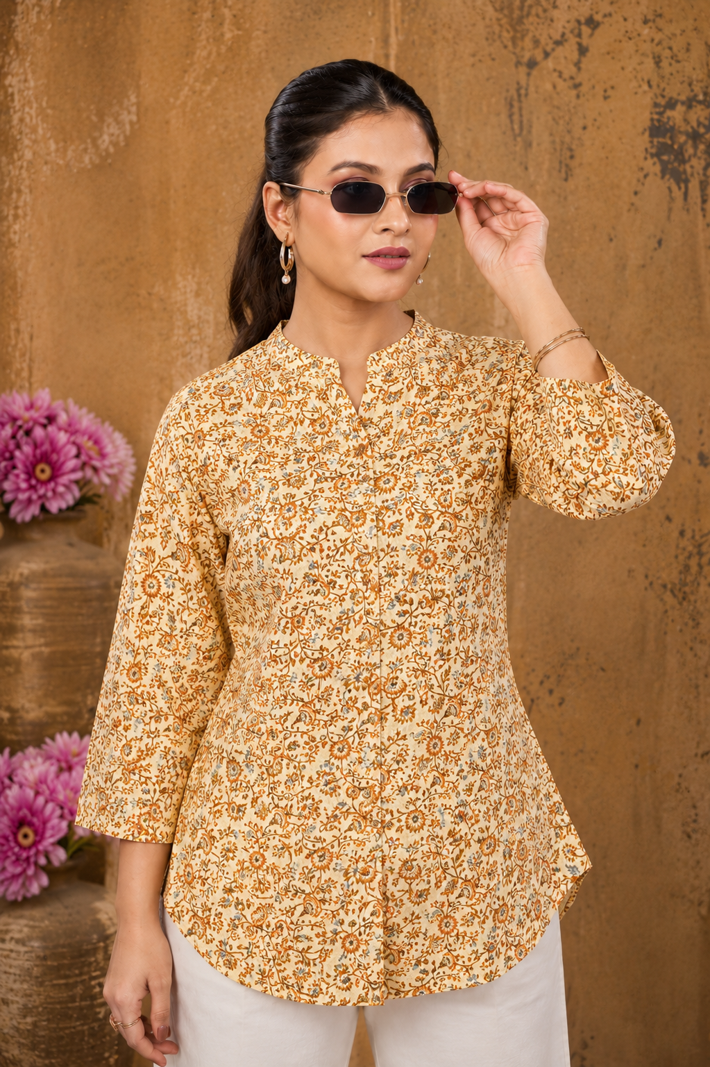 Women’s Yellow Floral Printed Pure Cotton Top/Tunic
