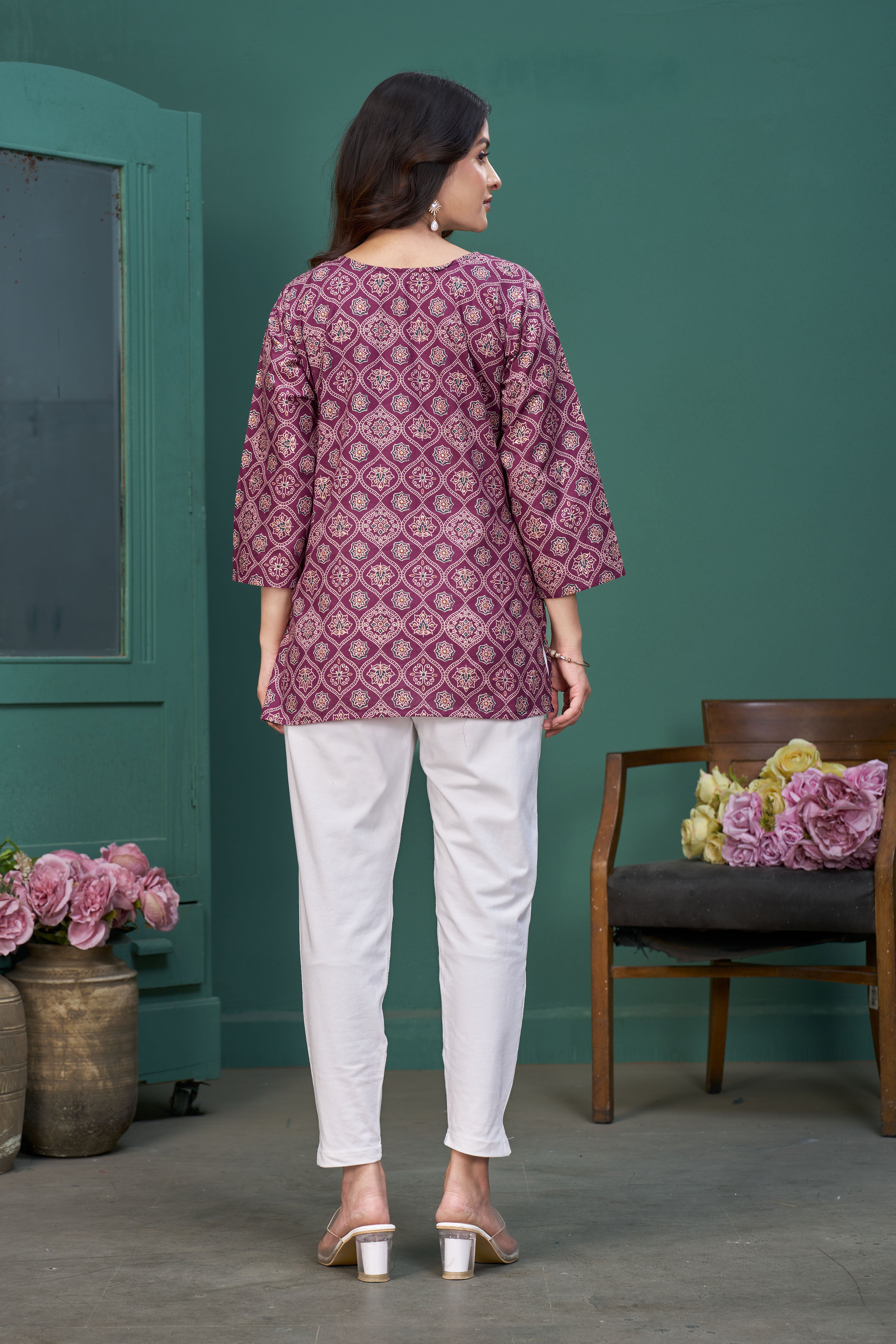 Women’s Wine Printed Pure Cotton Top/Tunic