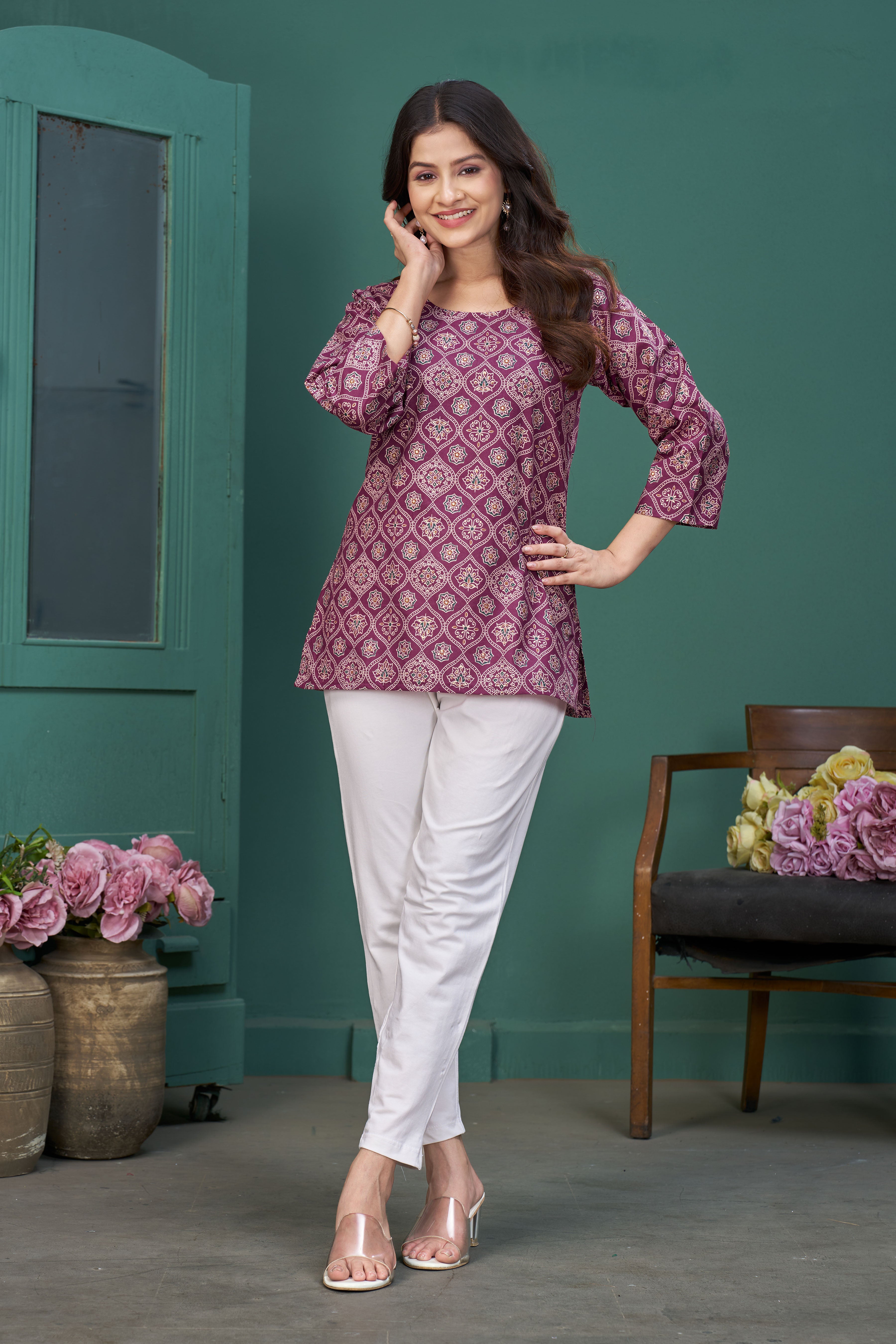 Women’s Wine Printed Pure Cotton Top/Tunic