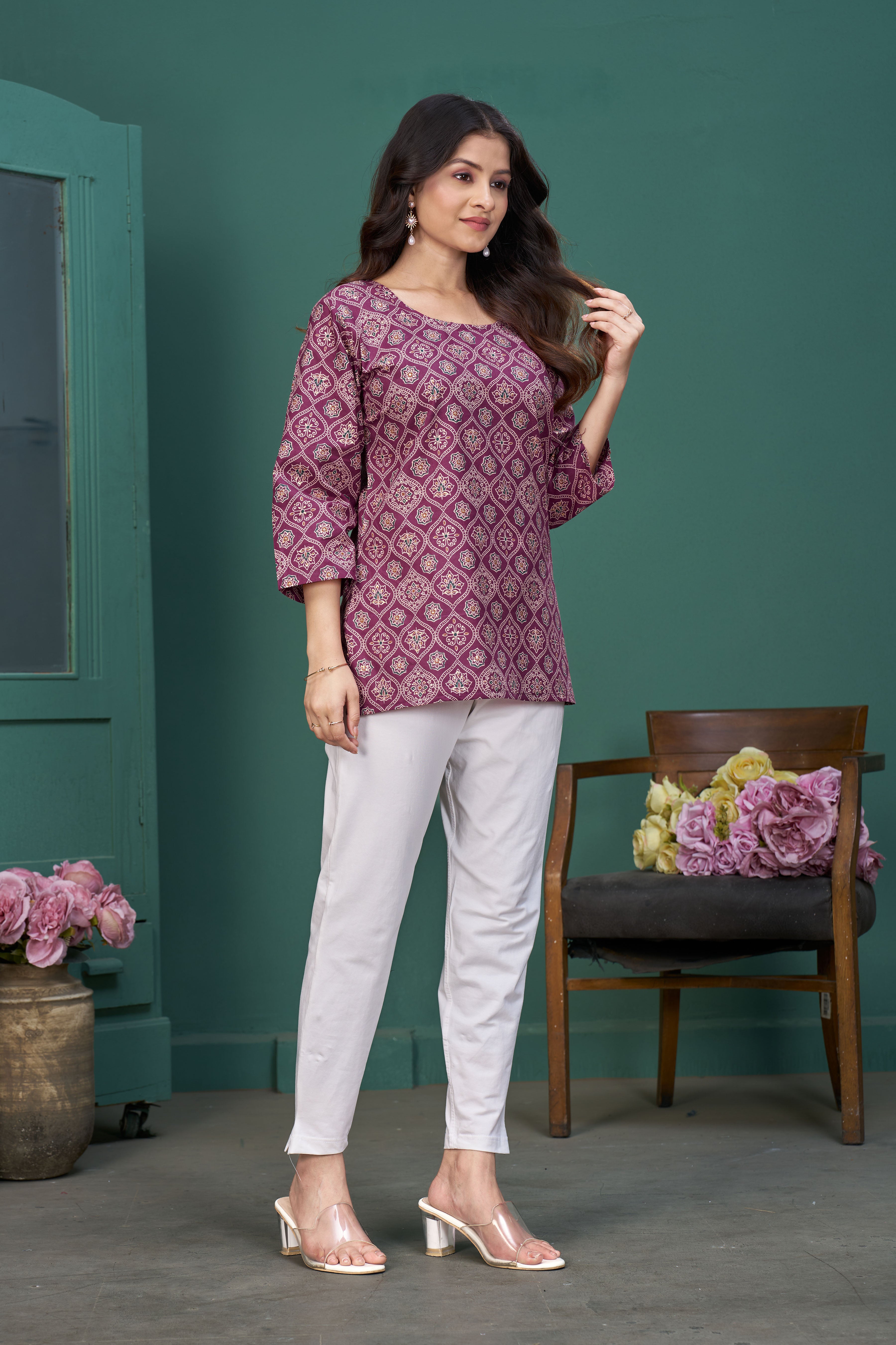 Women’s Wine Printed Pure Cotton Top/Tunic
